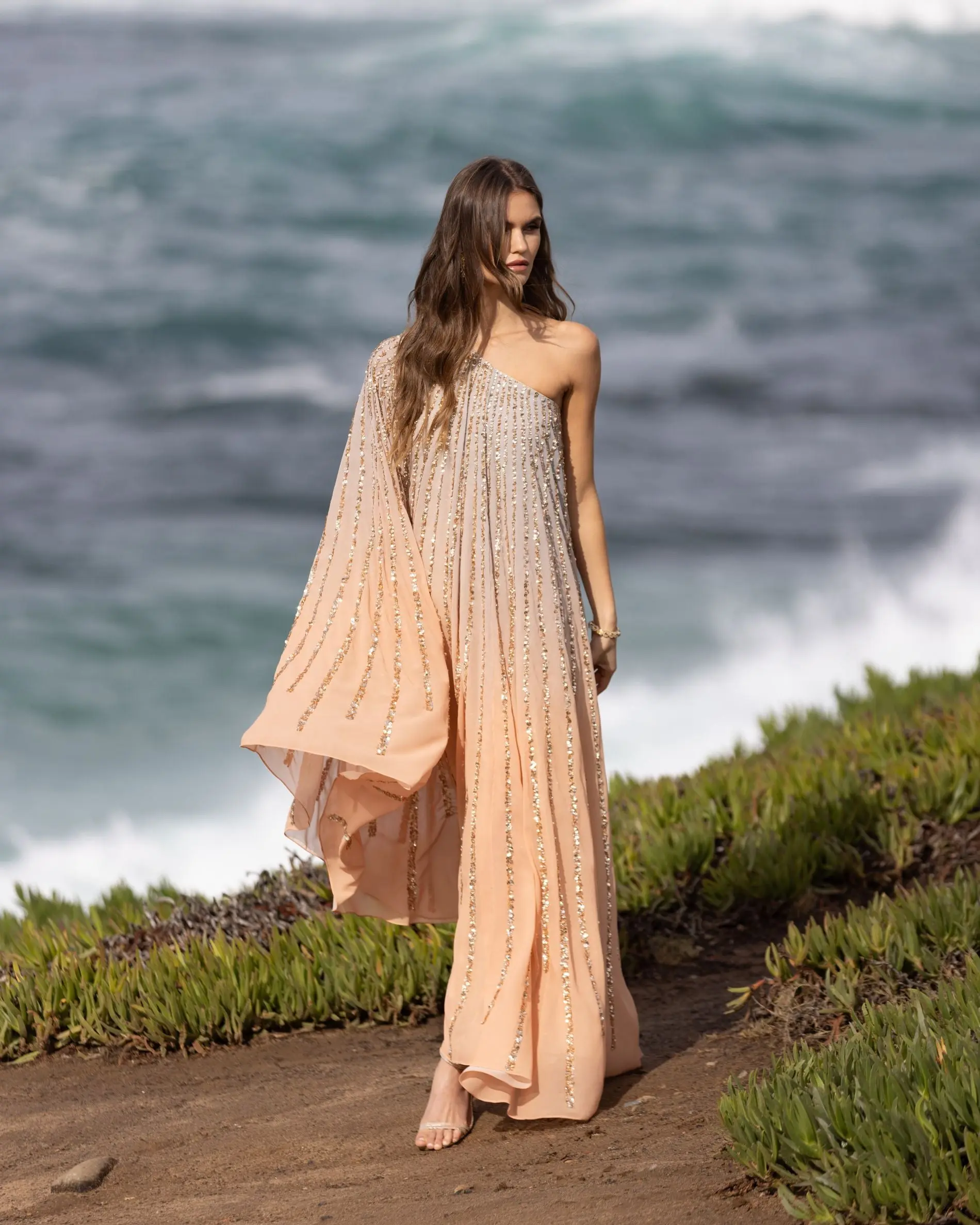 Light Orange One Shoulder Ombre Sequin Kaftan Dress - Image 4