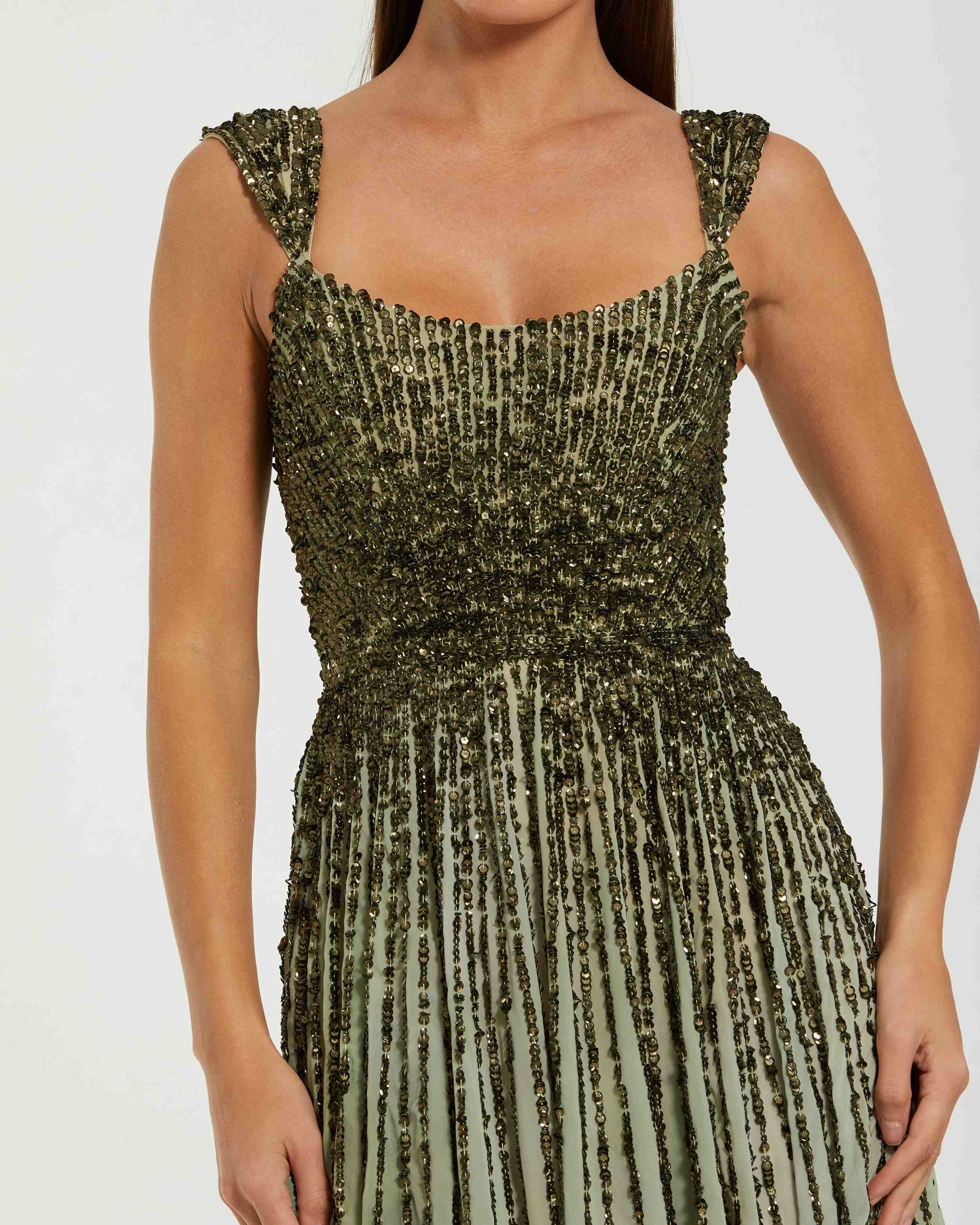 Green Sleeveless Sequin A Line Ombre Gown - Image 2