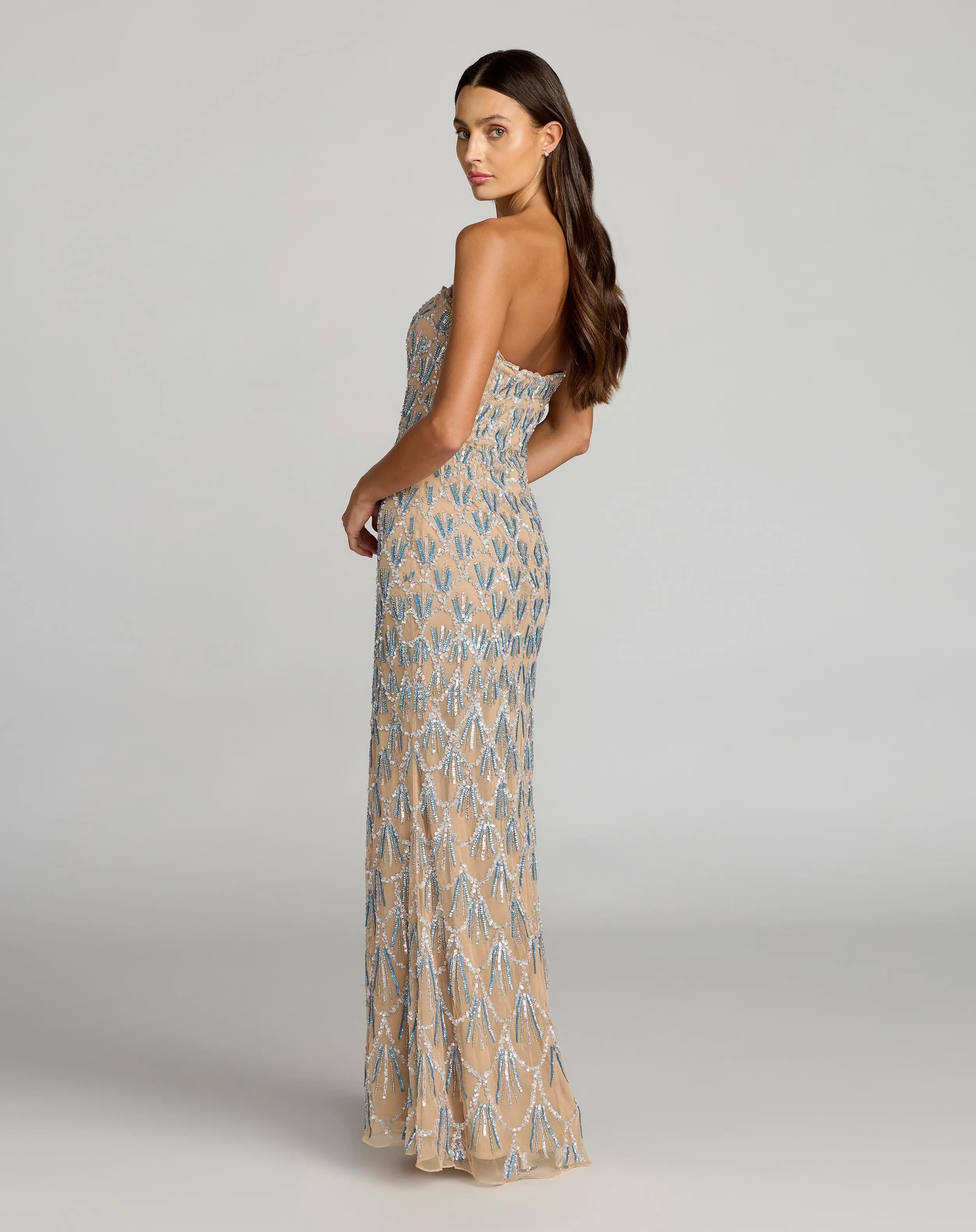 Beige Hand Embellished Strapless Evening Gown - Image 3