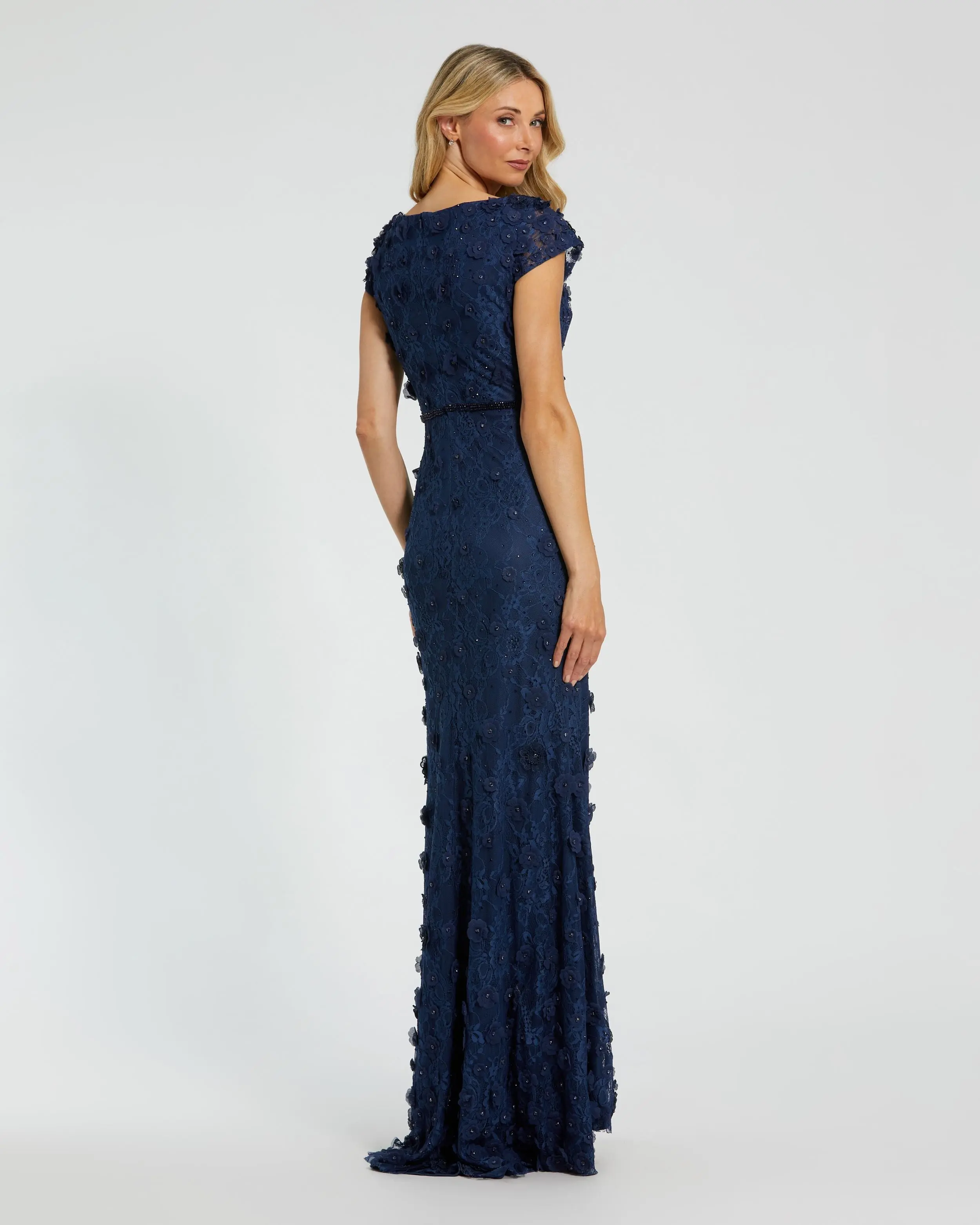 Navy Floral Applique Boat Neck Cap Sleeve Gown - Image 3