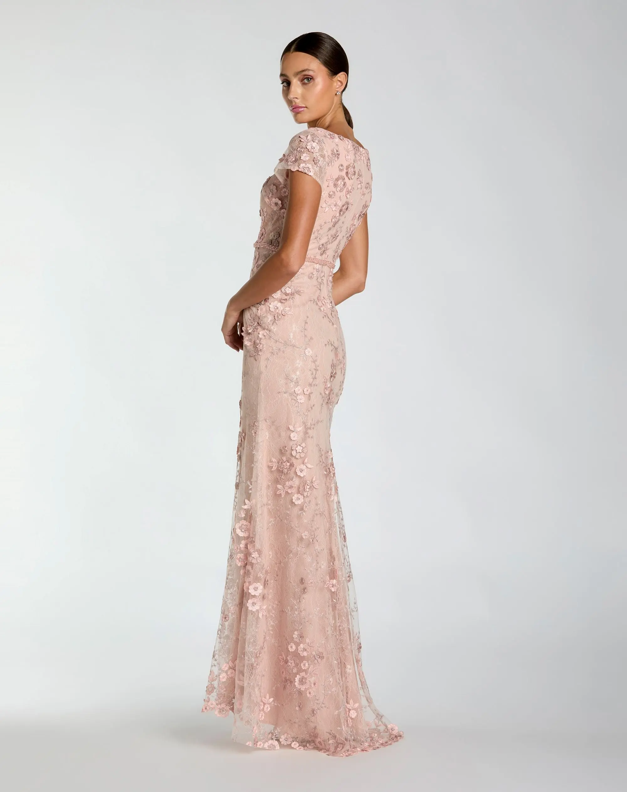 Pink Floral Applique Boat Neck Cap Sleeve Gown - Image 3