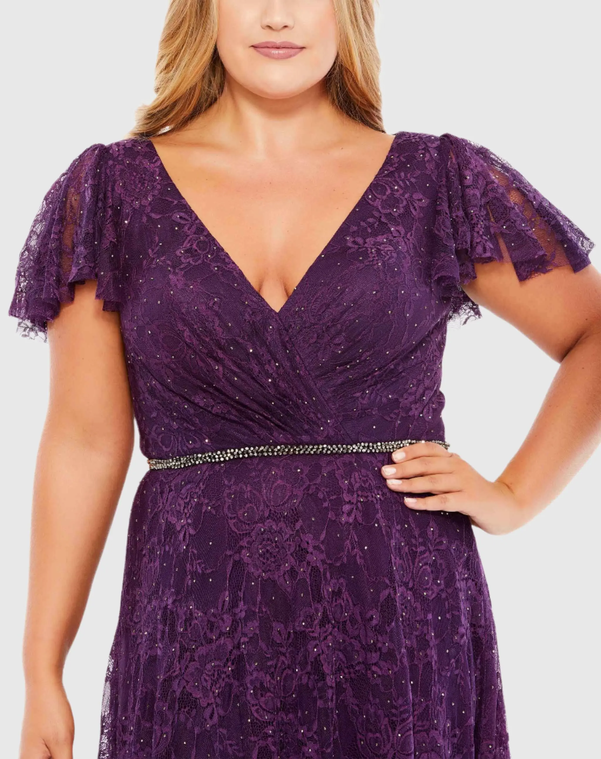 Purple Embellished Flutter Sleeve Evening Gown (Plus) - Image 2