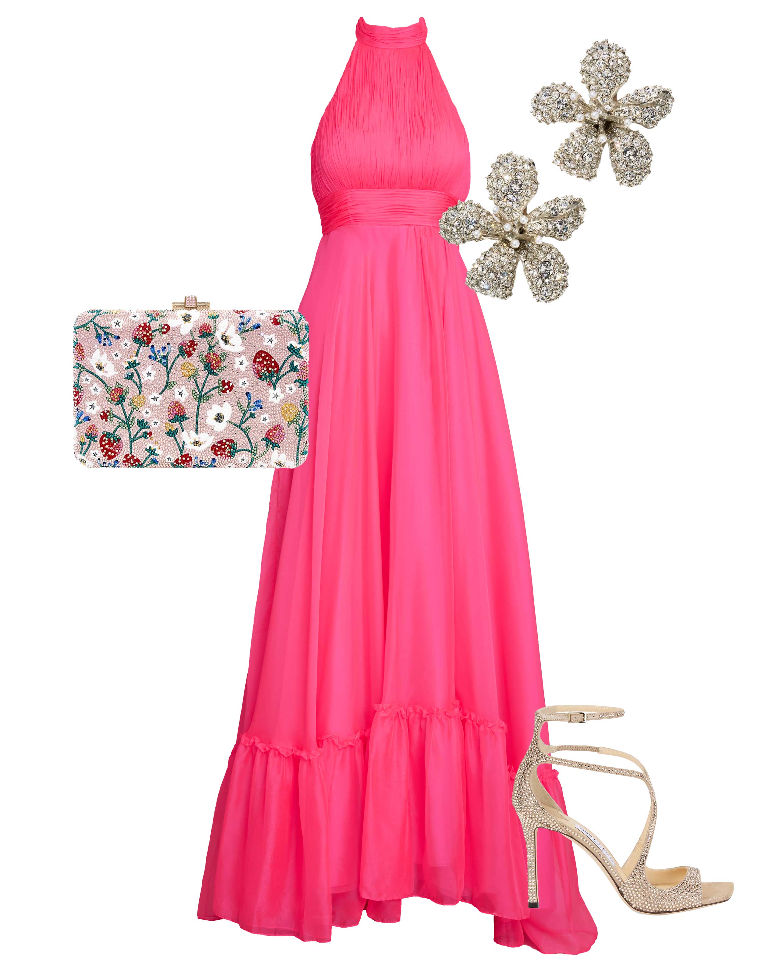 Pink High Neck Tiered Chiffon Halter Gown - Image 4