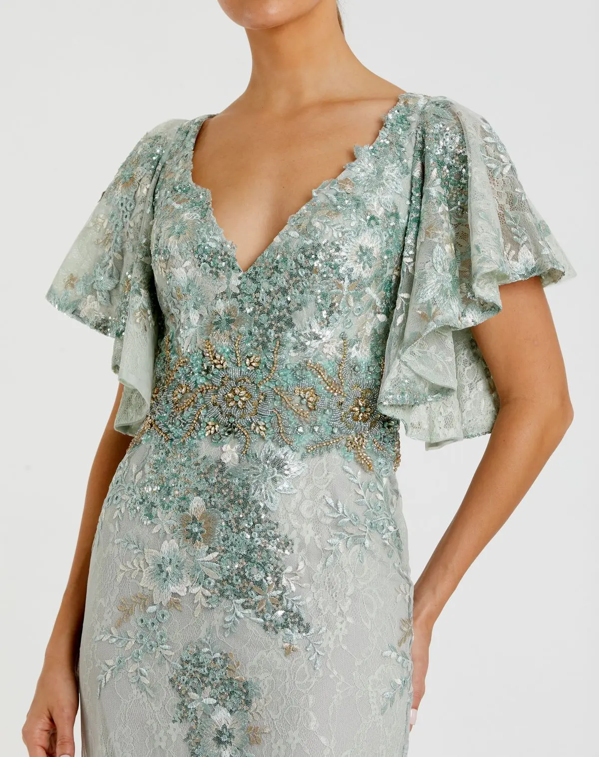 Green Bell Sleeve Floral Embellished Gown - Image 2