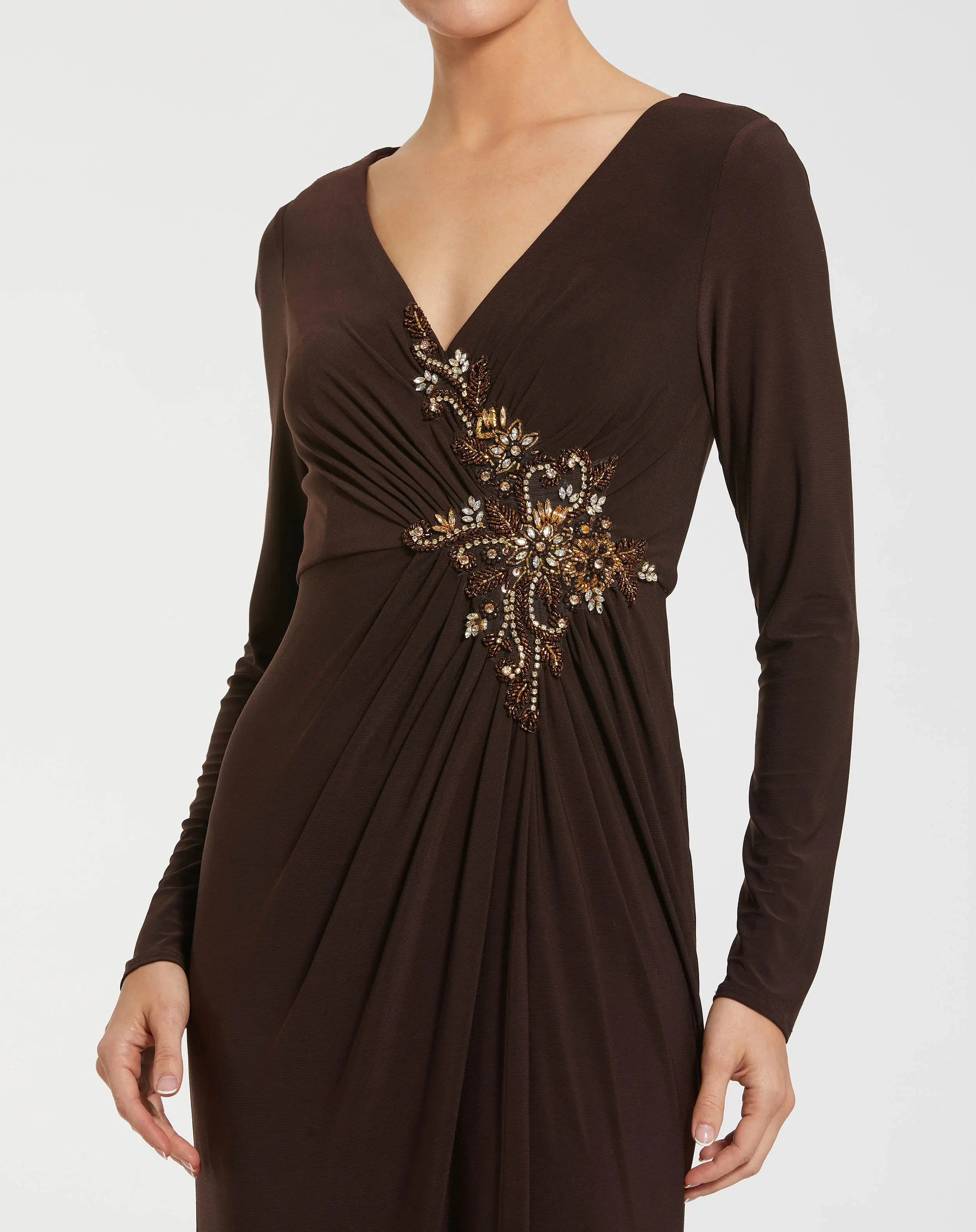 Brown Faux Wrap Long Sleeve Evening Gown with Appliqué Detail - Image 2