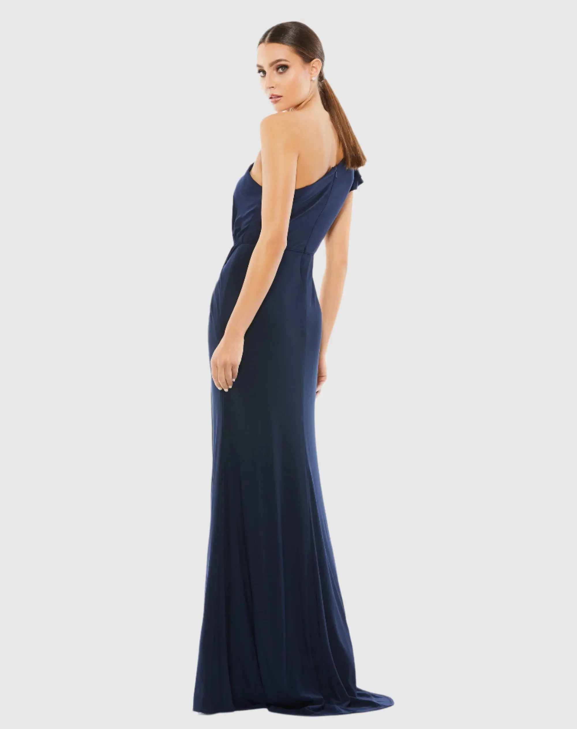 Navy Ruffled One Shoulder Draped Gown - Image 3
