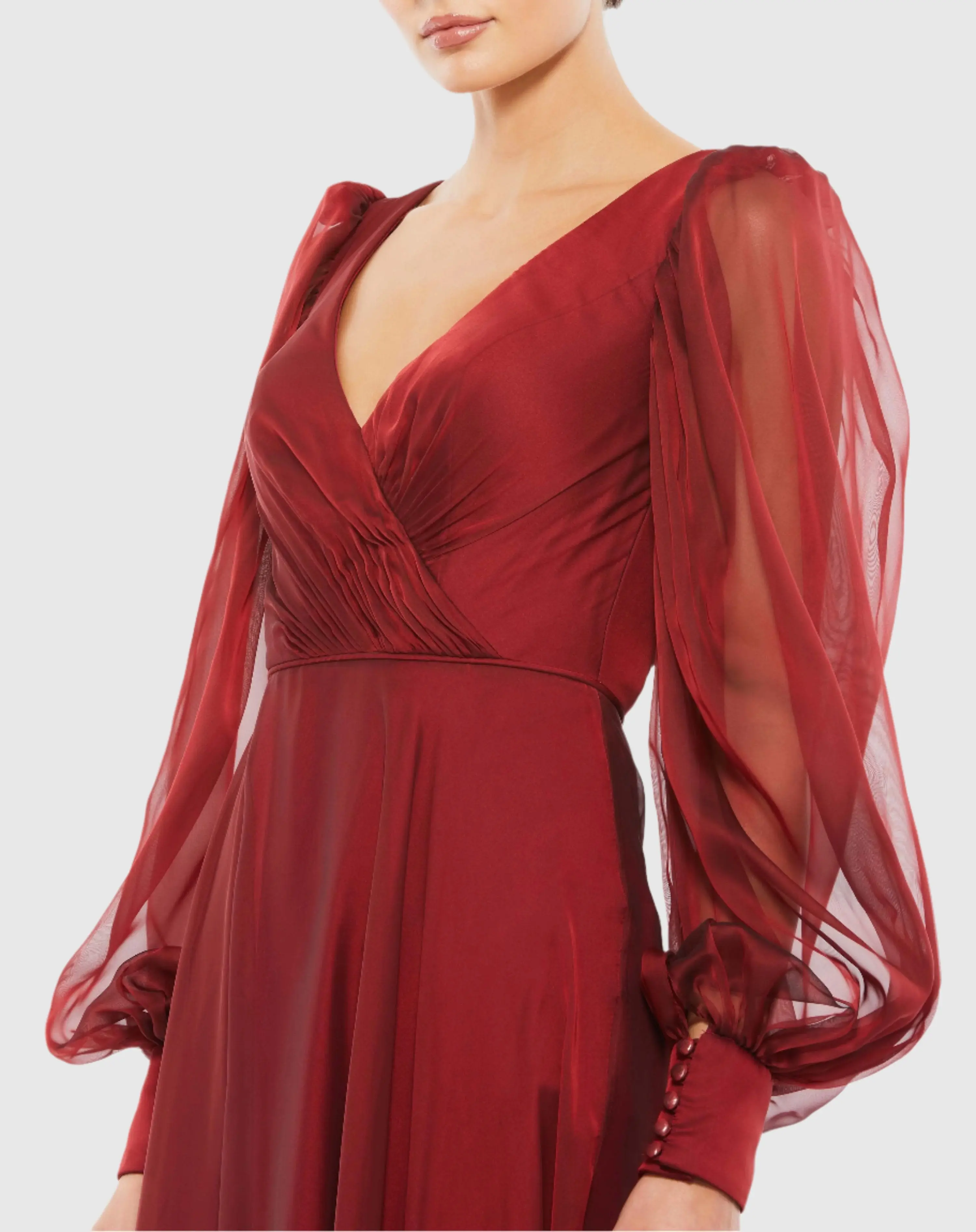 Red Sheer Blouson Sleeve Surplice Gown - Image 2