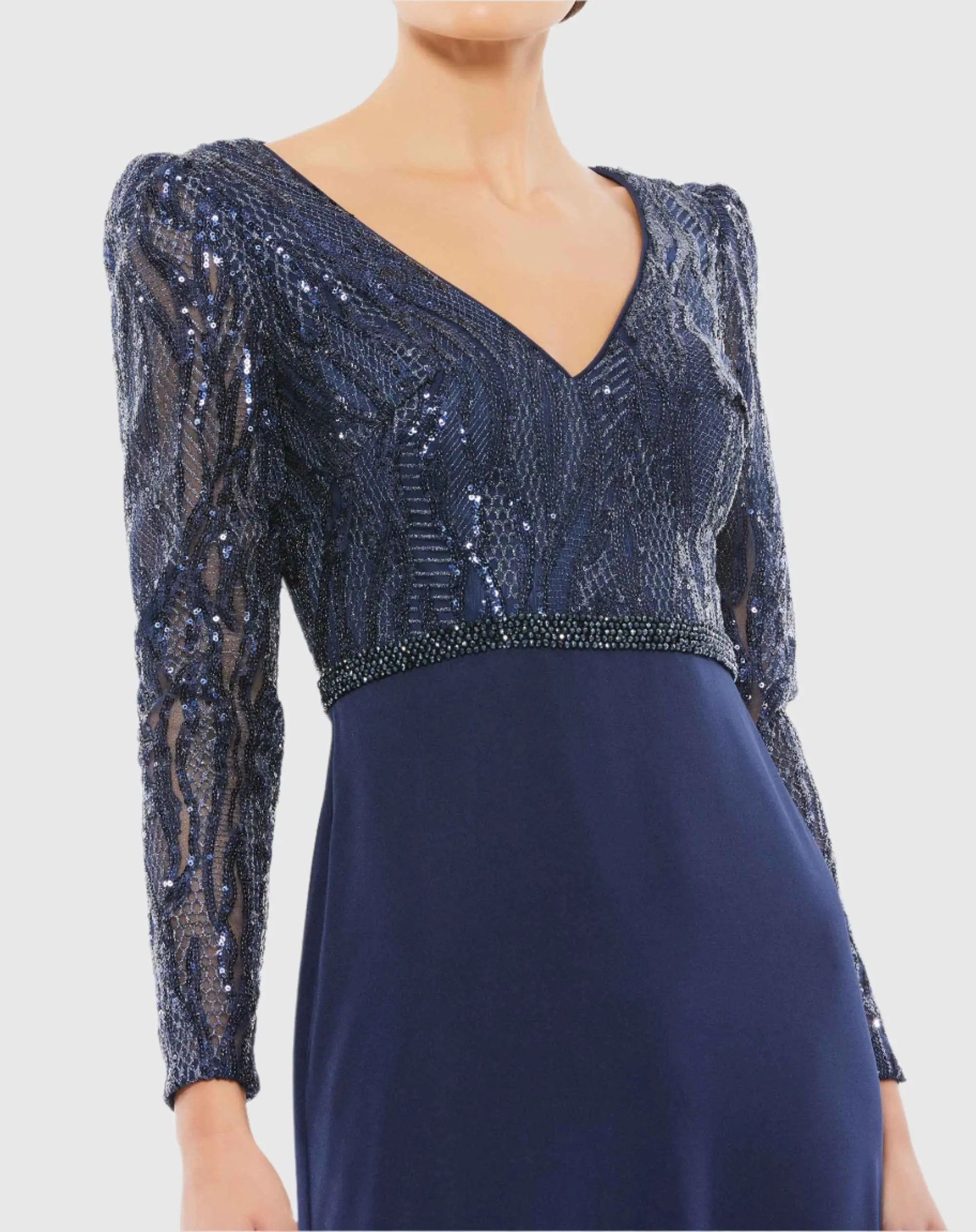 Navy Embellished Long Sleeve Bodice Column Gown - Image 2