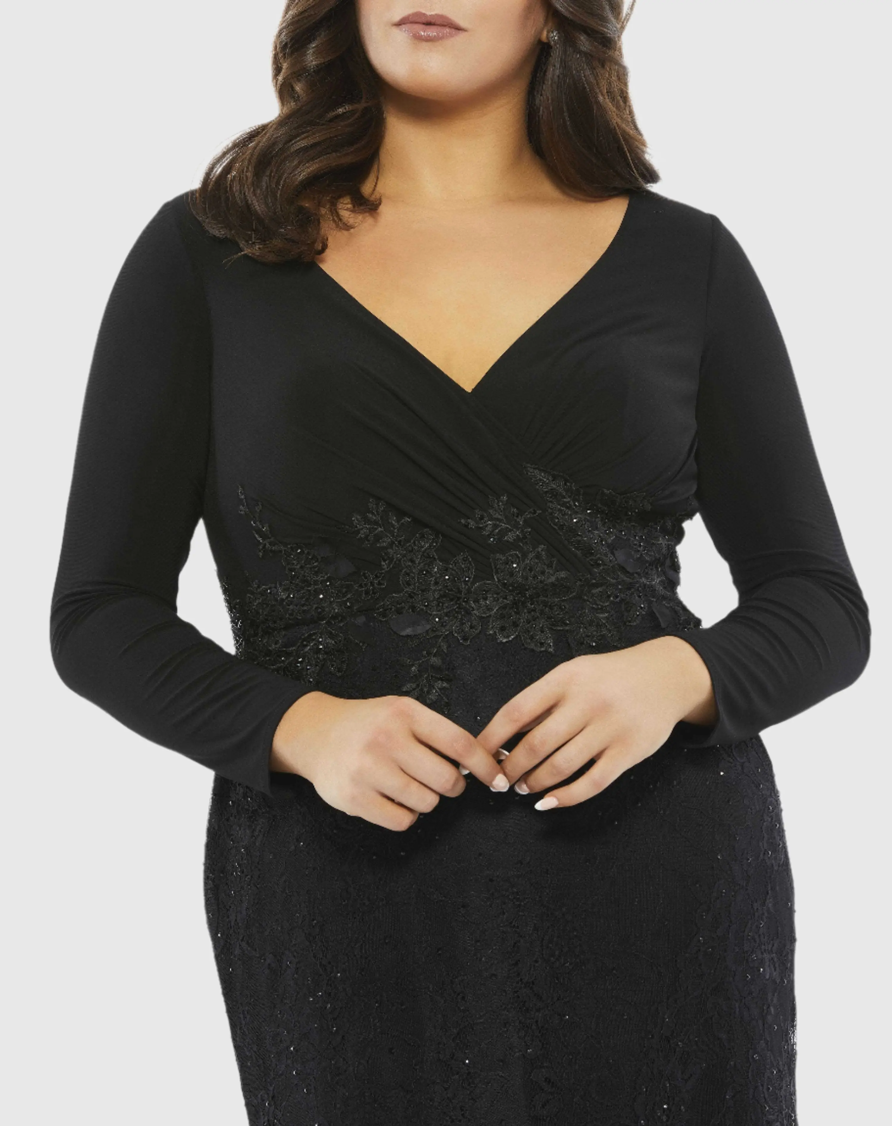 Black Wrap Over Long Sleeve Lace Applique Trumpet Gown (Plus) - Image 2