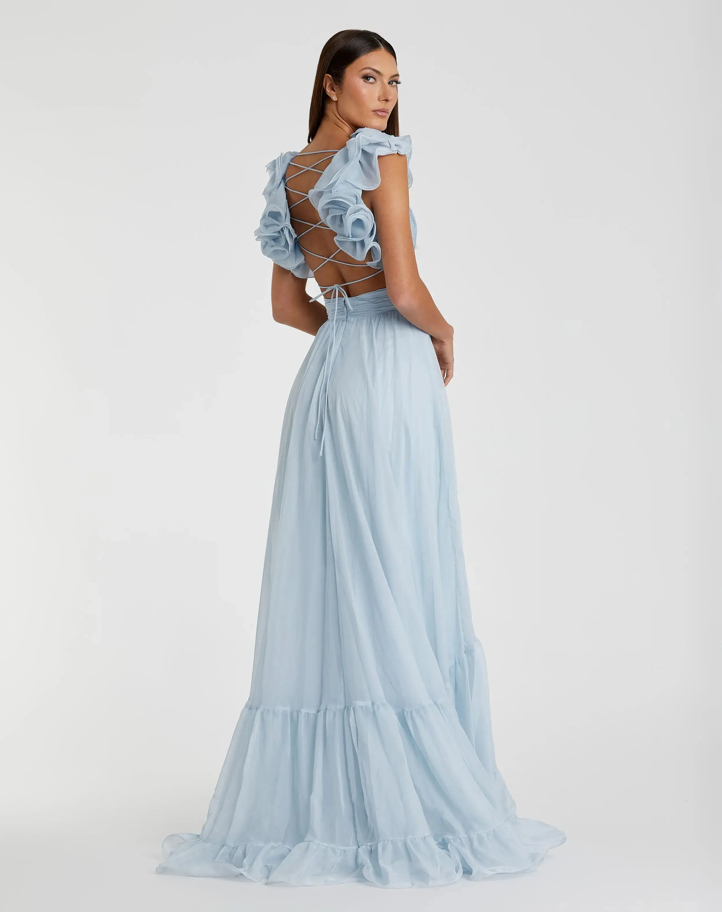 Light Blue Ruffle Tiered Cut-Out Chiffon Gown - Image 3