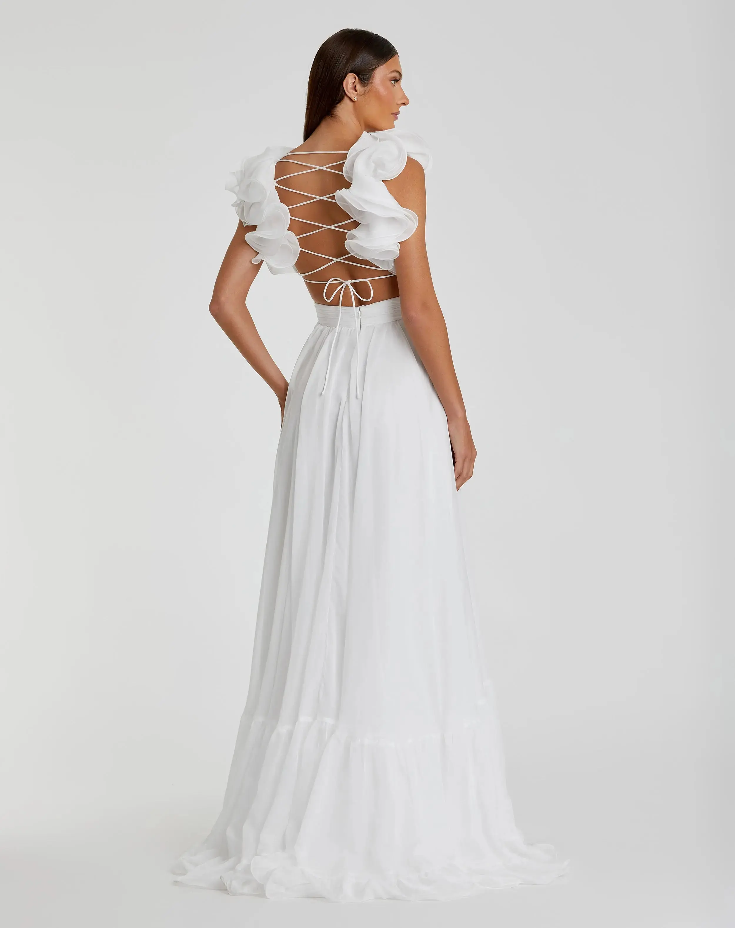 White Ruffle Tiered Cut-Out Chiffon Gown - Image 3