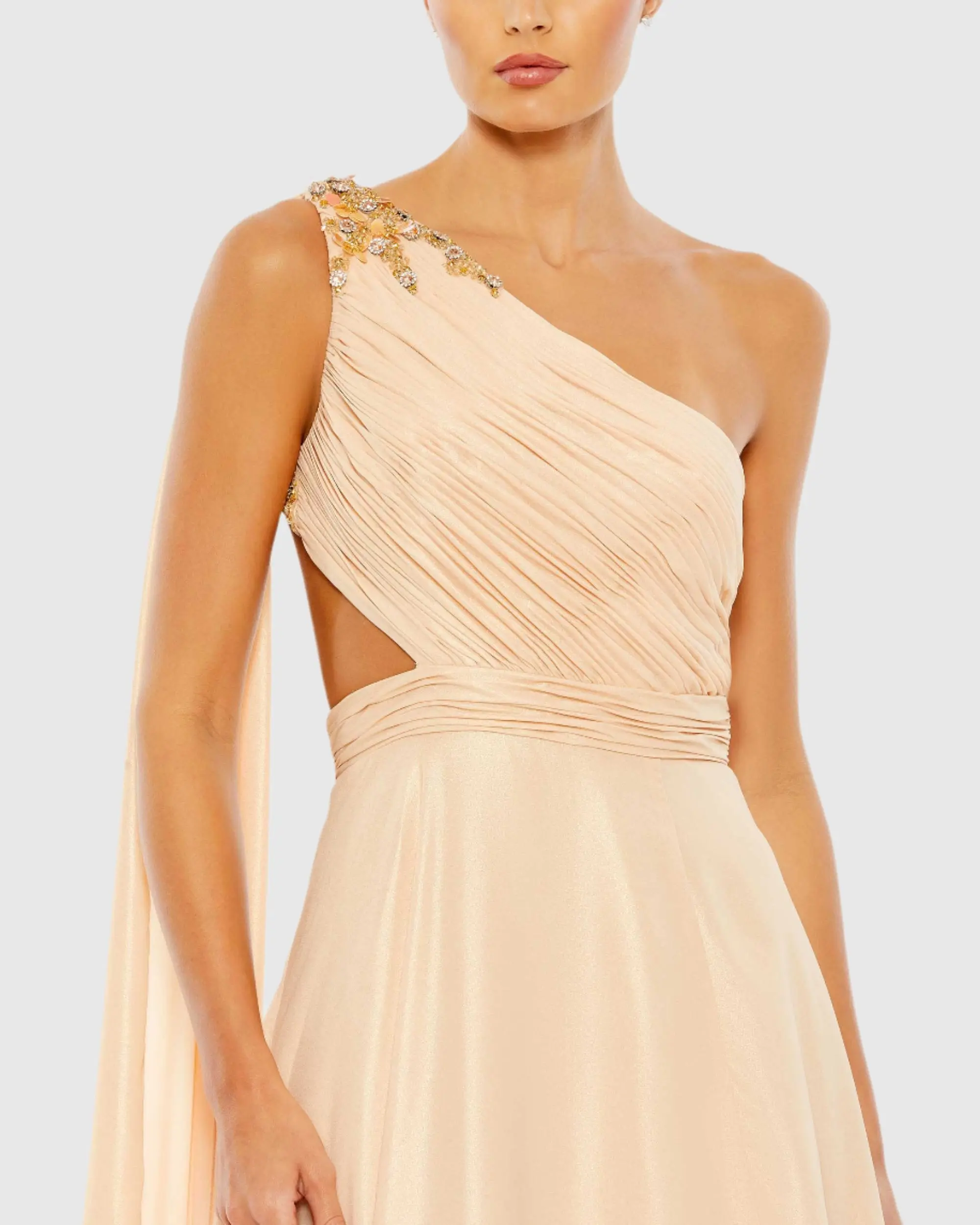 Beige One Shoulder Open Back Flowy Gown - Image 2