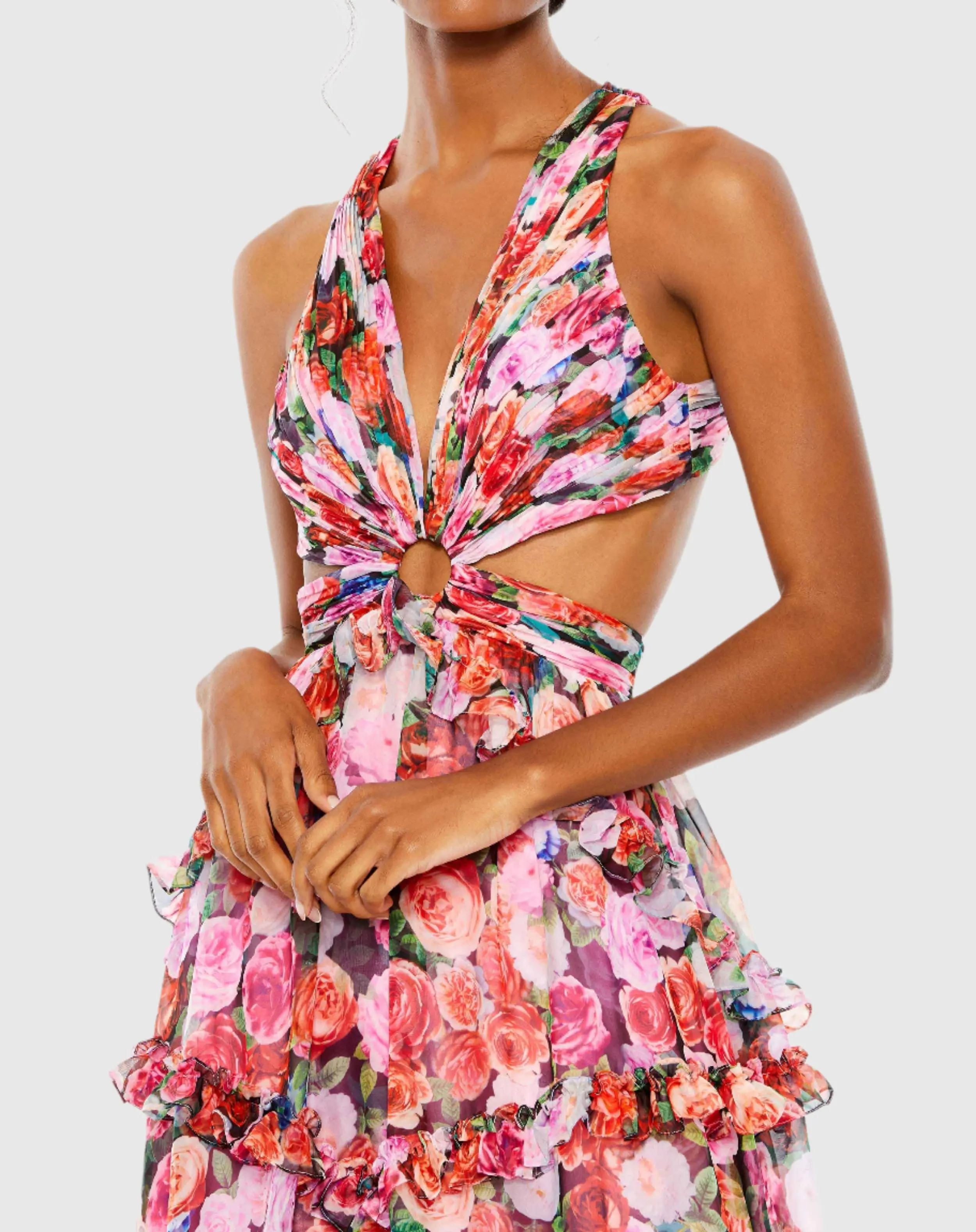 Multicolor Ruffled Cut Out Sleeveless Gown - Image 3
