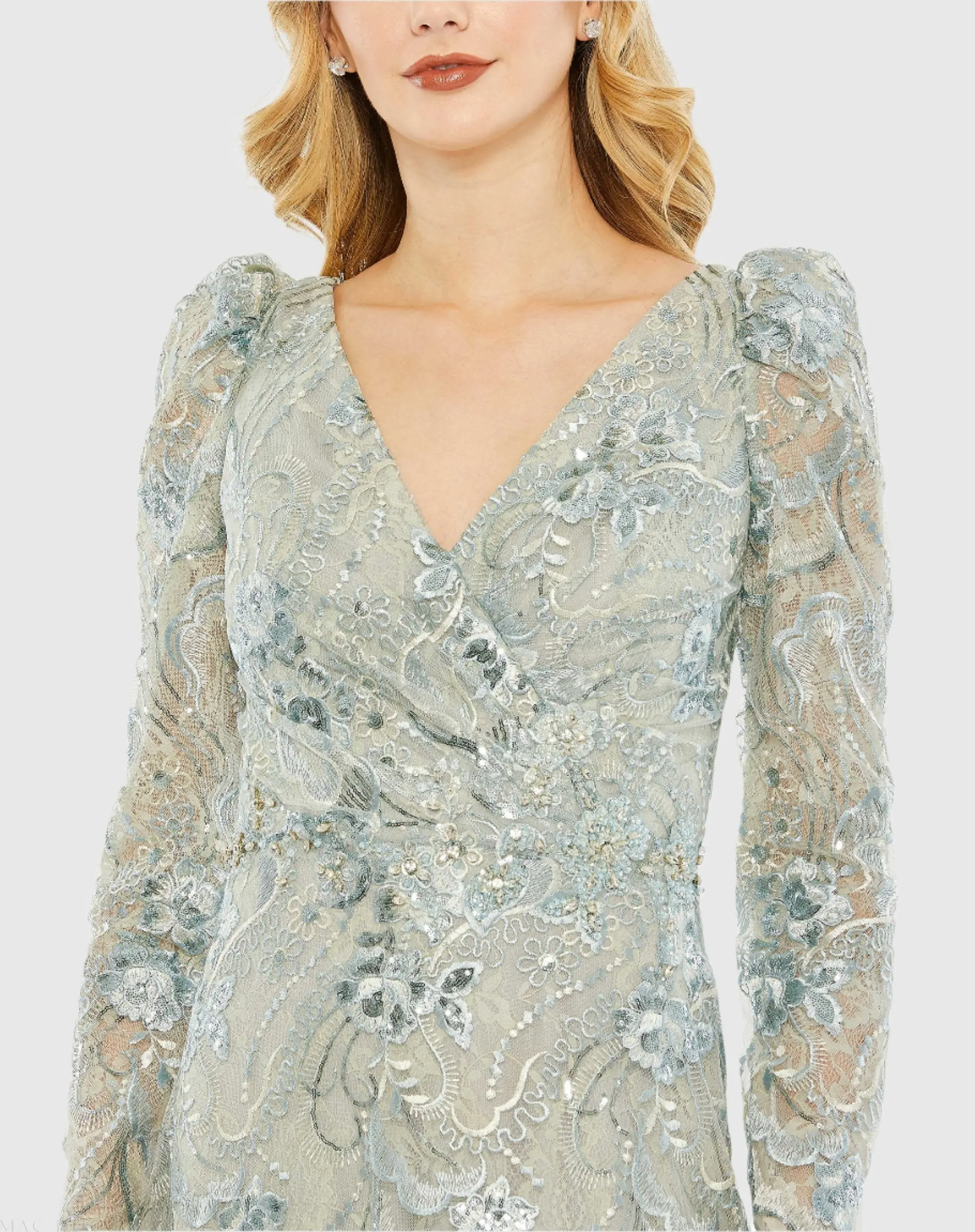 Green Embroidered Wrap Over Puff Sleeve Trumpet Gown - Image 2