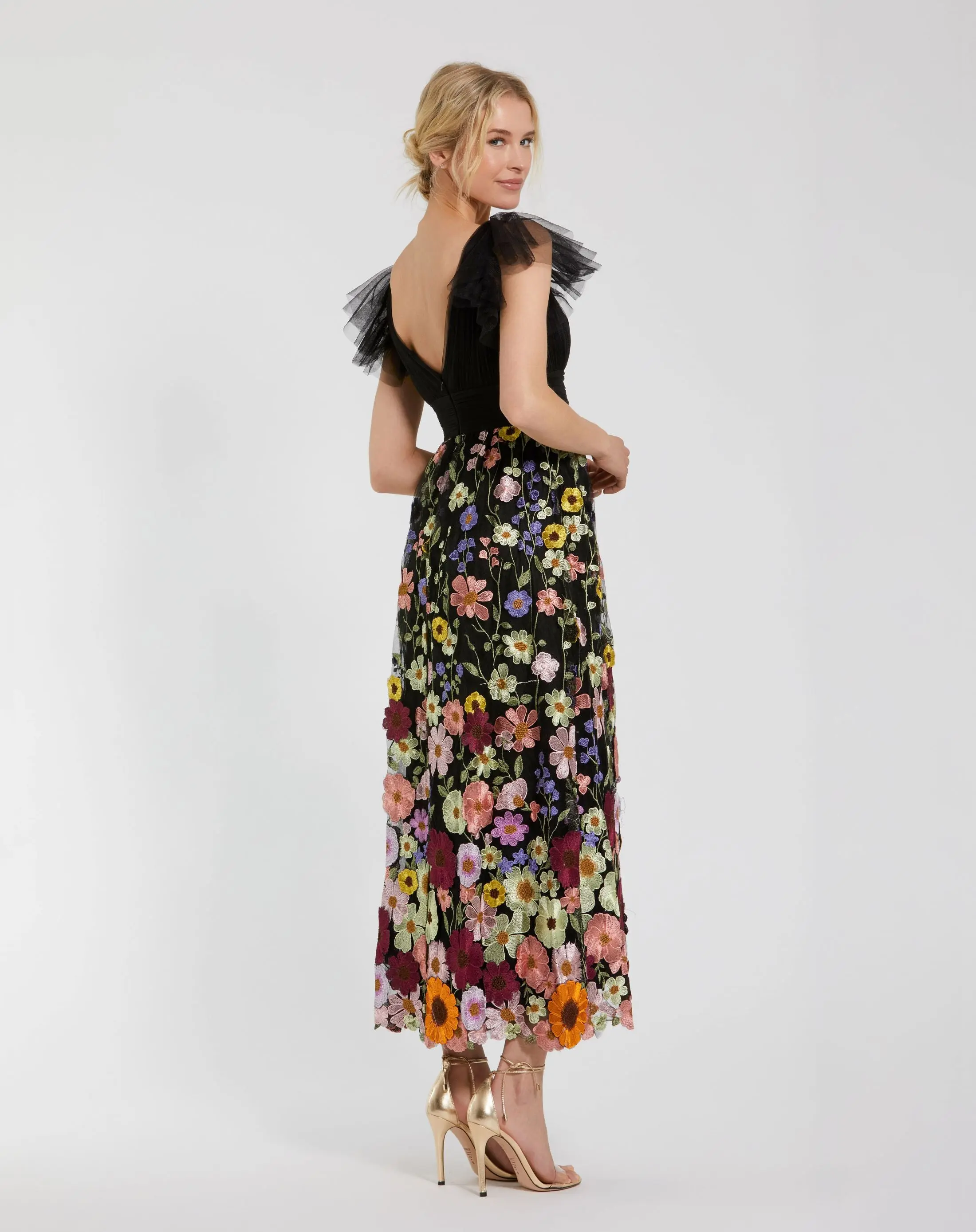 Black Multicolor Embroidered Flutter Sleeve Floral Dress - Image 3