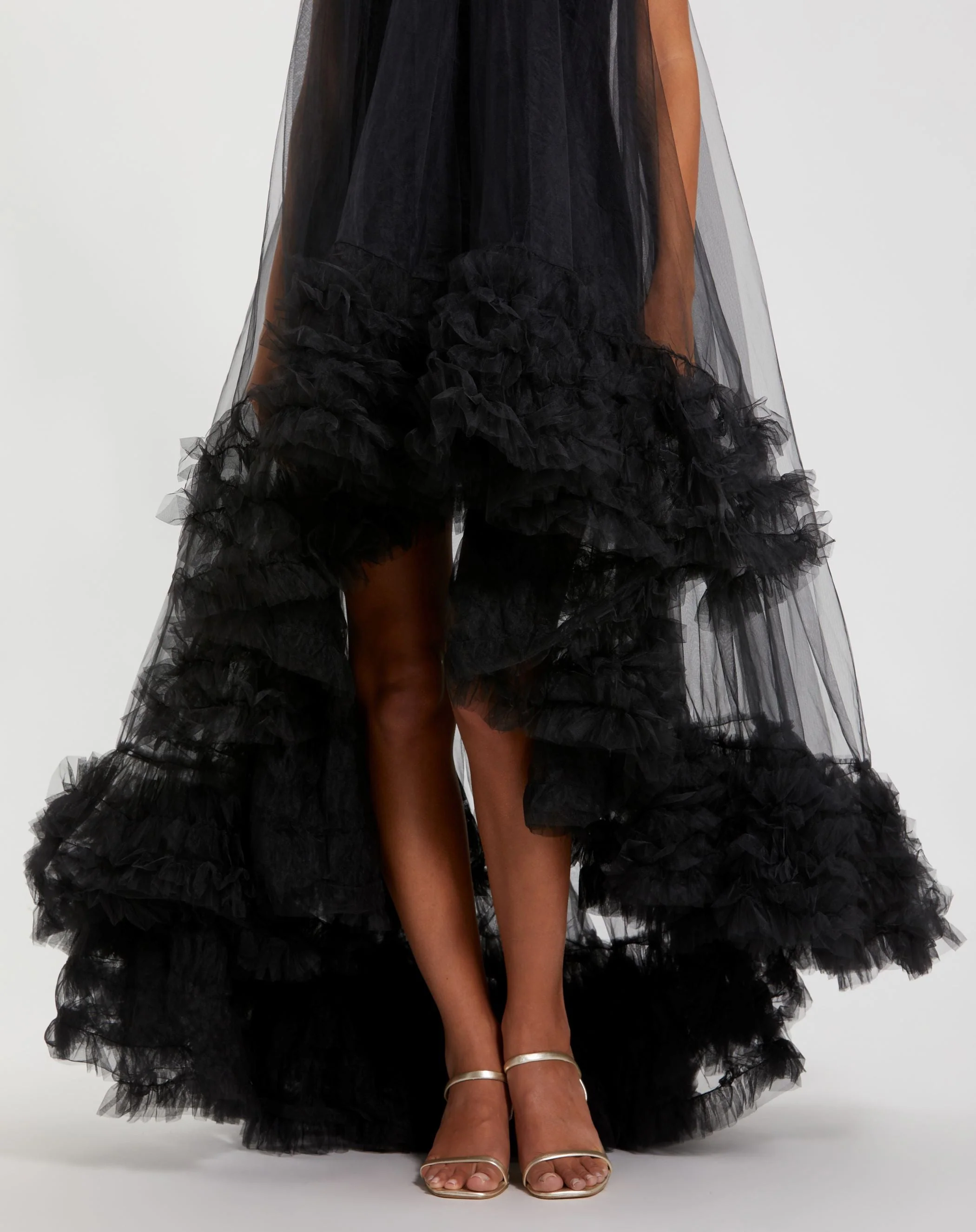 Black Tulle High Neck Sleeveless Ruffled Hem Hi-Low Gown - Image 2