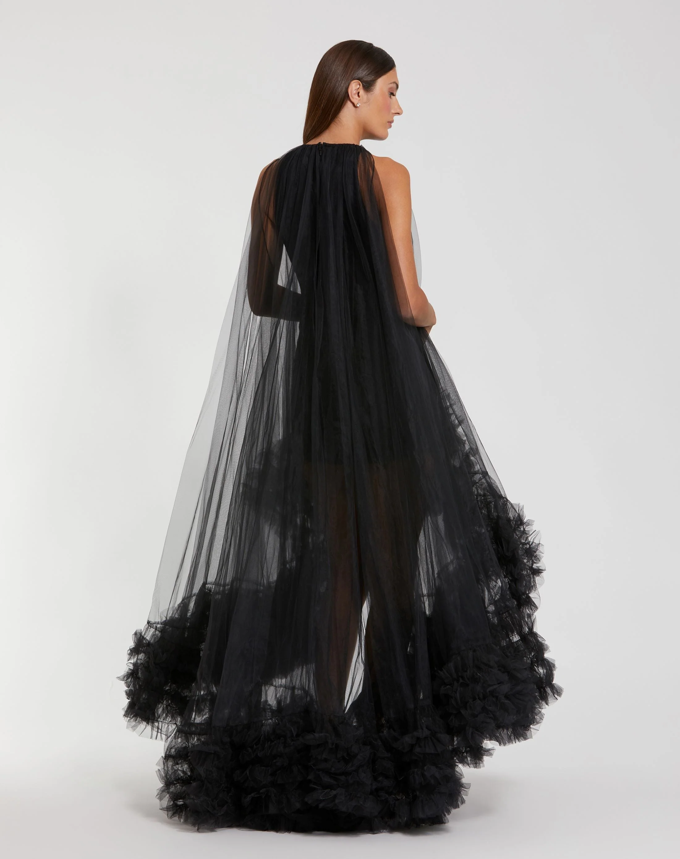 Black Tulle High Neck Sleeveless Ruffled Hem Hi-Low Gown - Image 3