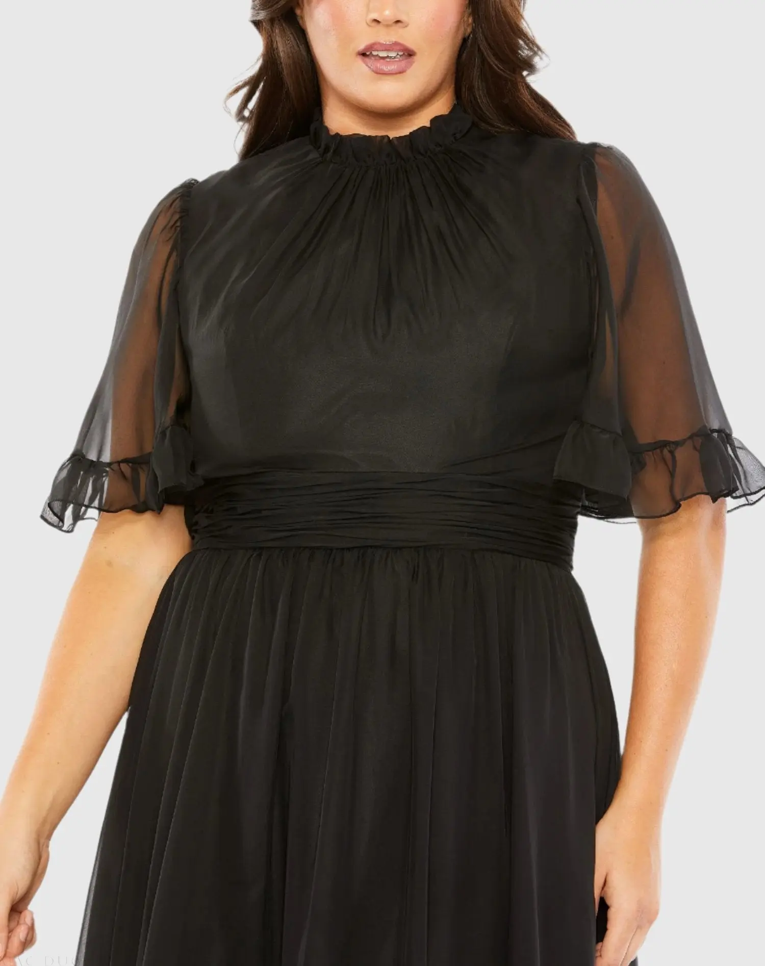 Black Ruffle Tiered High Low Flutter Sleeve Gown (Plus) - Image 2