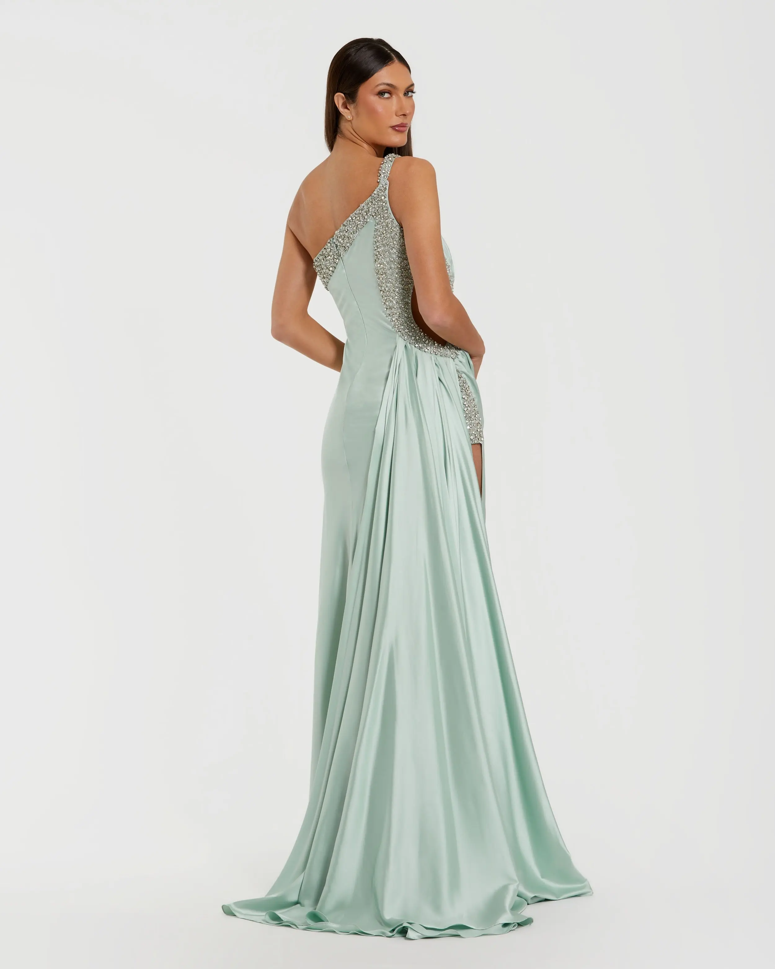 Green One Shoulder Embellished Cut Out Slit Gown - Image 3