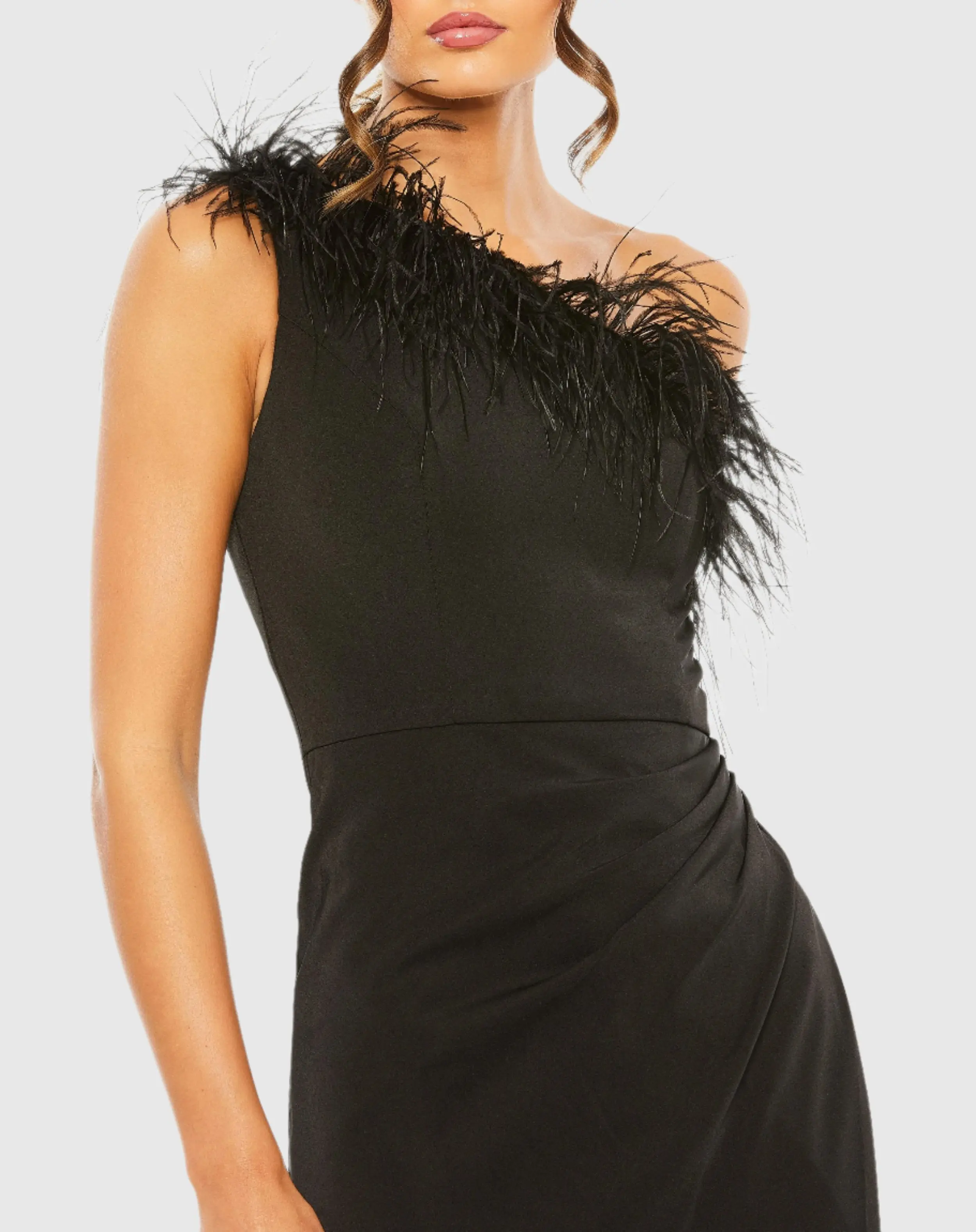 Black One Shoulder Feather Trim Gown - Image 2