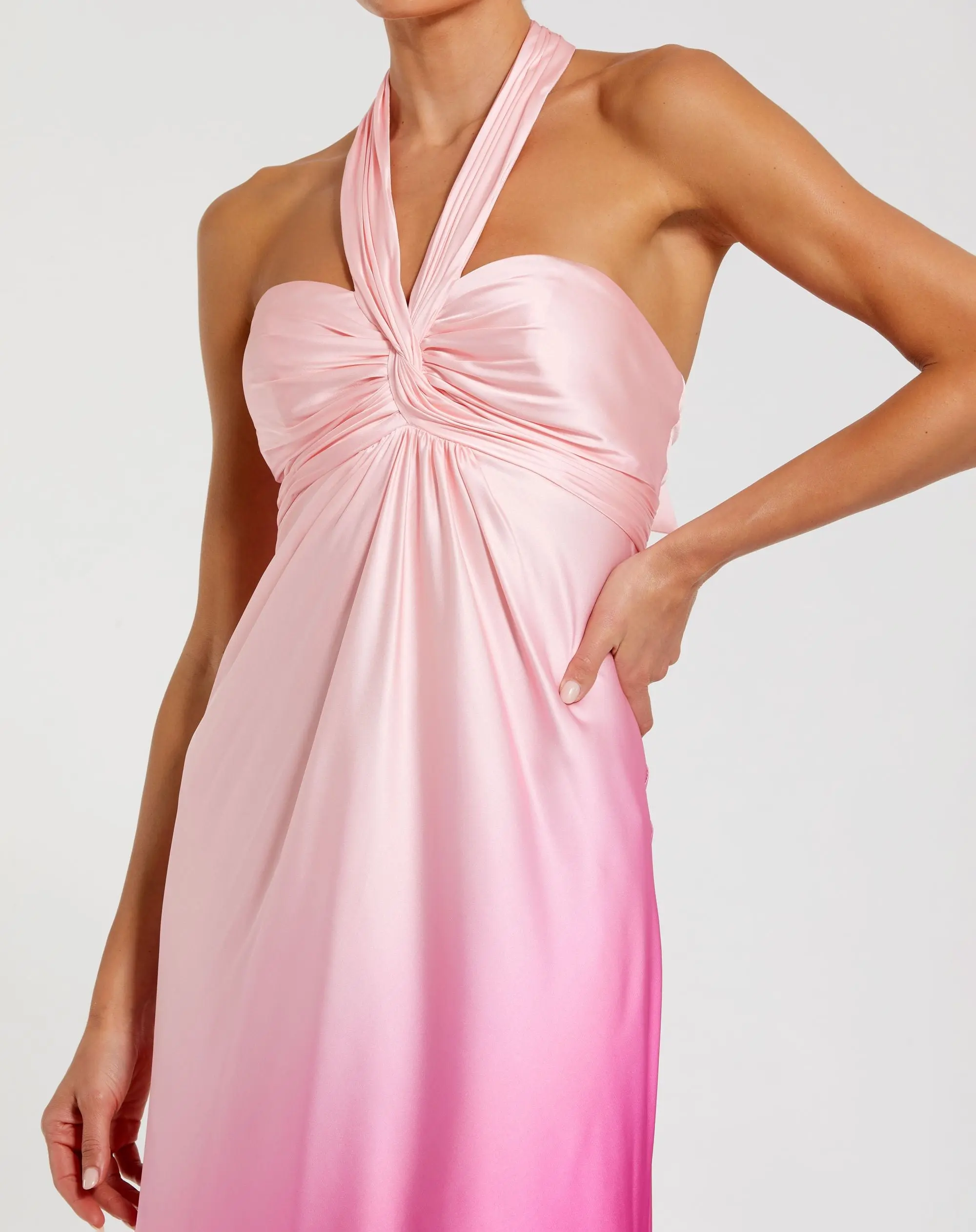 Pink Charmeuse Tie Halter Neck Ombre Gown - Image 3