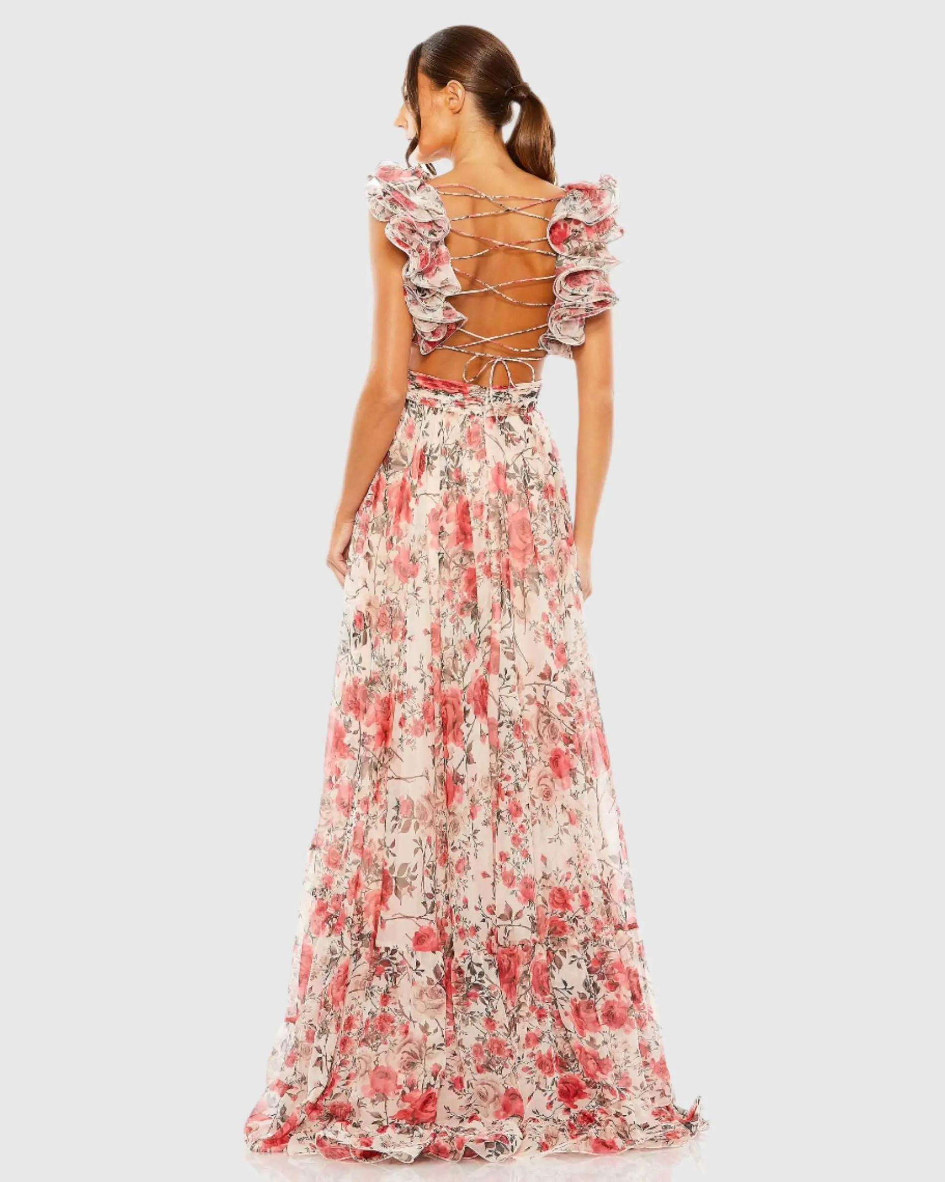 Pink Ruffle Tiered Floral Cut-Out Chiffon Gown - Image 2