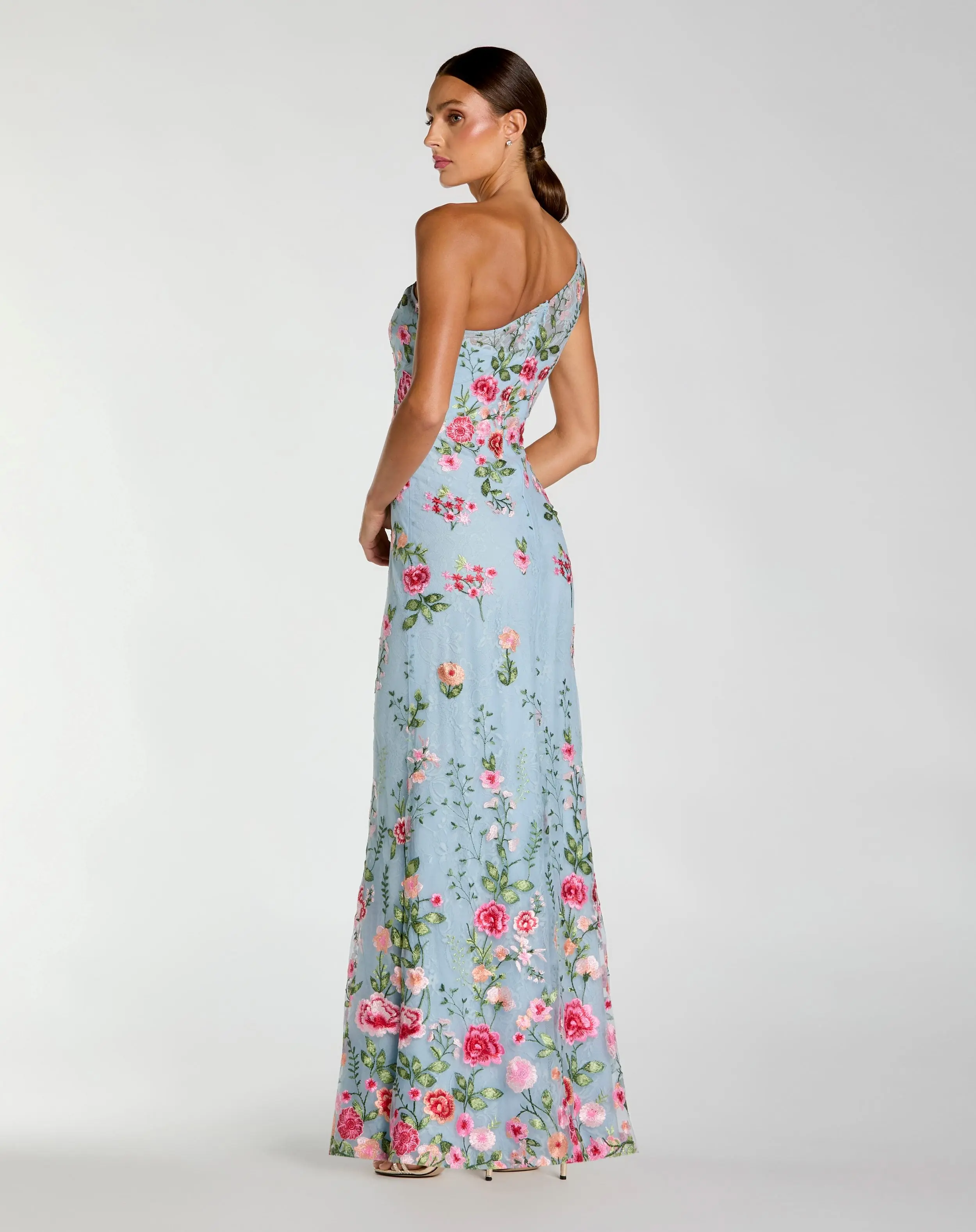 Blue One Shoulder Floral Embroidered Gown - Image 3