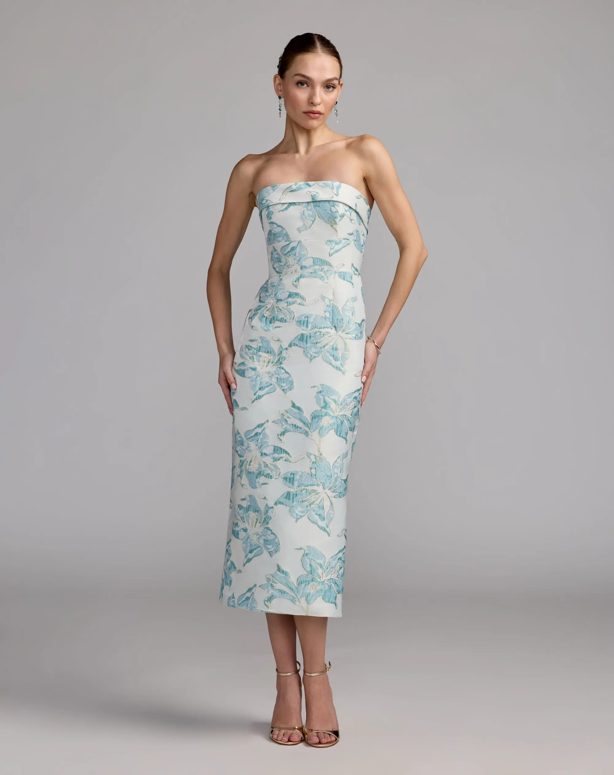 Blue and White Strapless Brocade Sheath Midi Dress