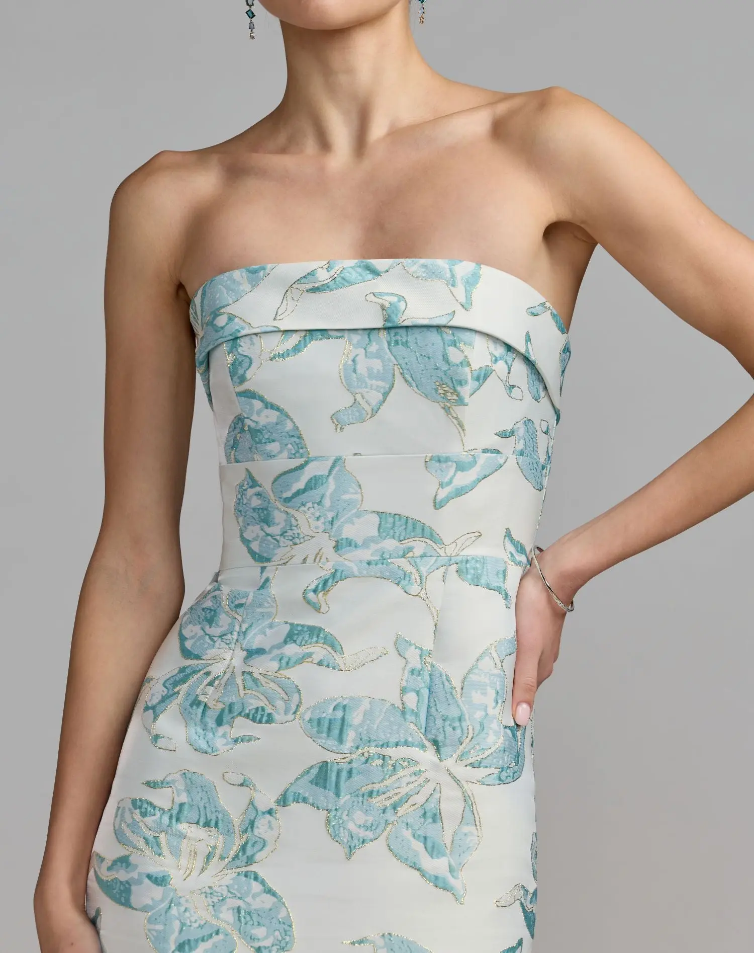 Blue and White Strapless Brocade Sheath Midi Dress - Image 2