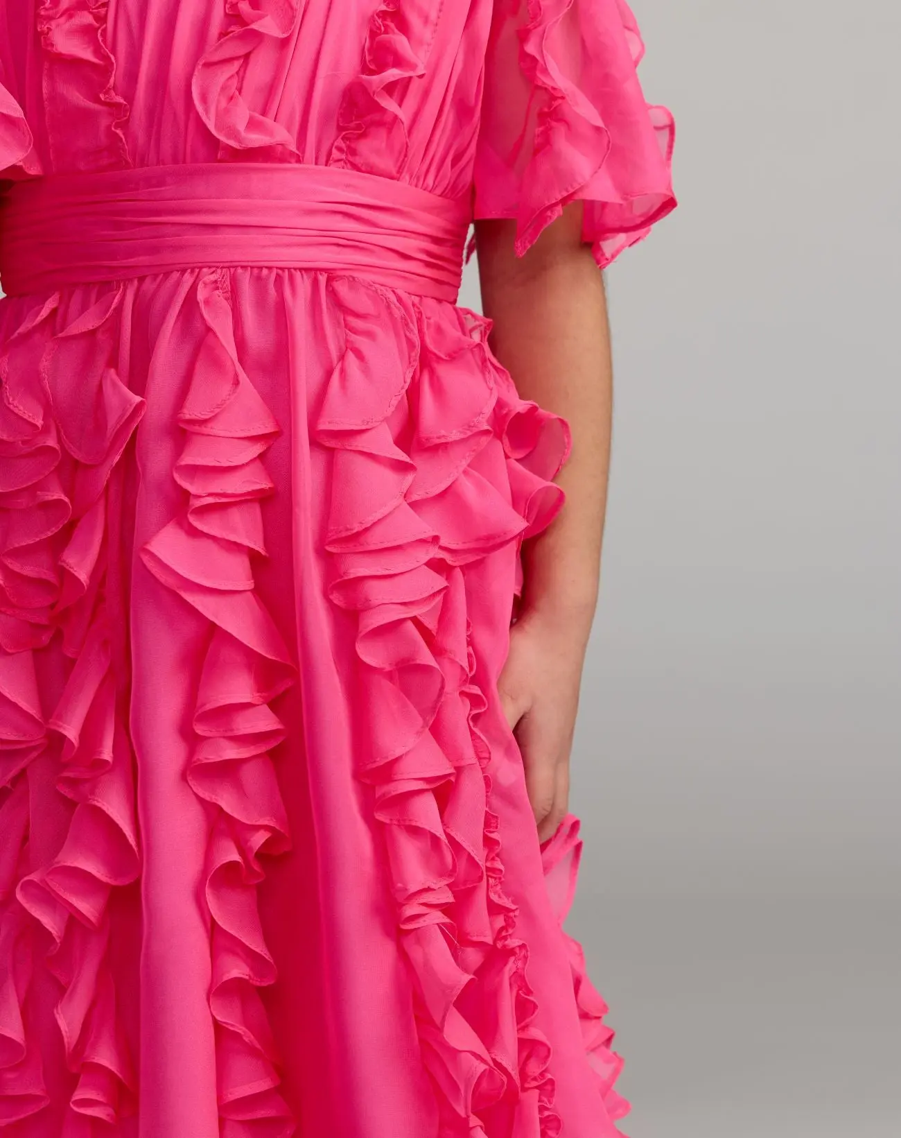 Girls Pink Chiffon High Neck Ruffle Dress - Image 3
