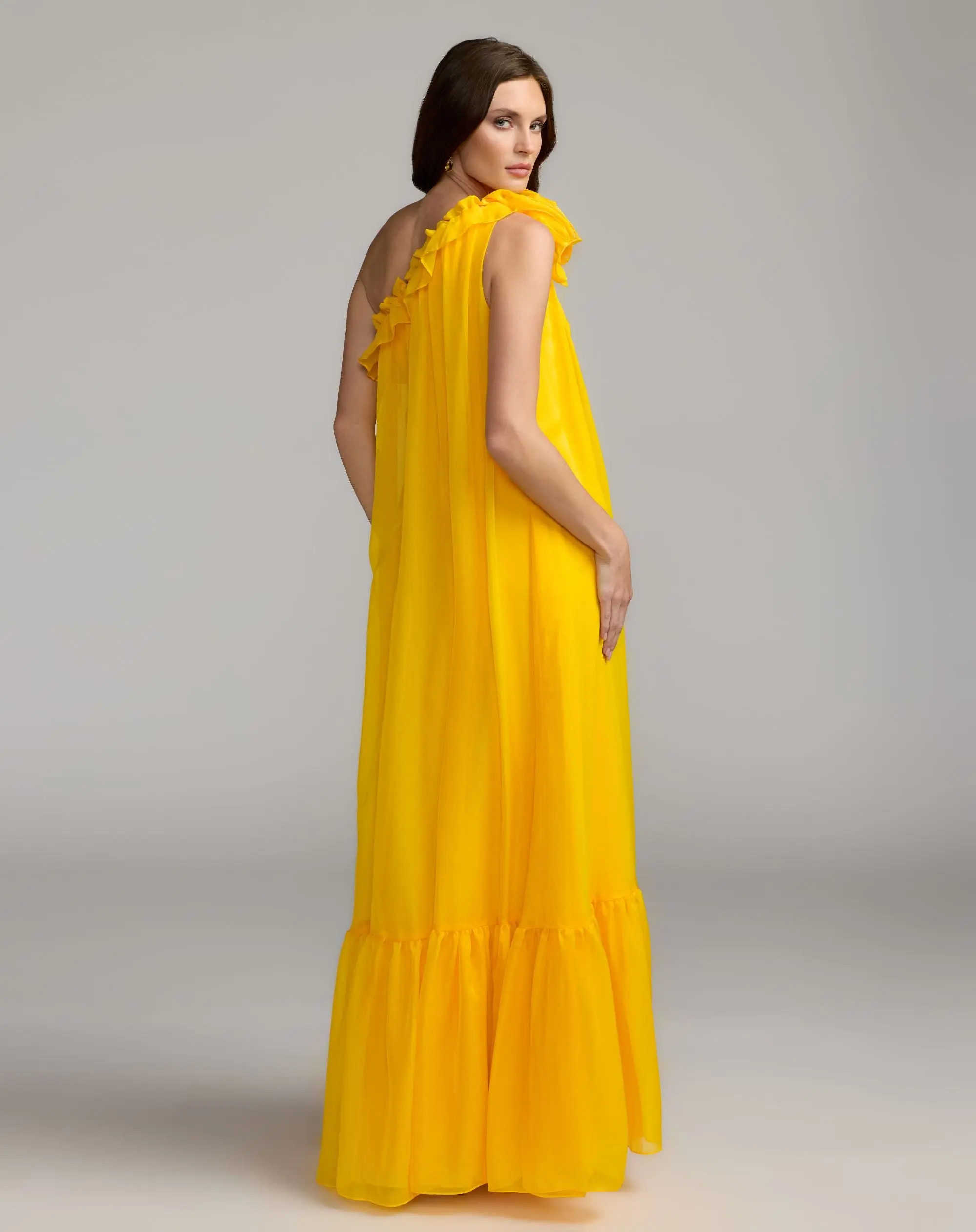 Yellow One Shoulder Chiffon Gown With 3D Rosette - Image 3