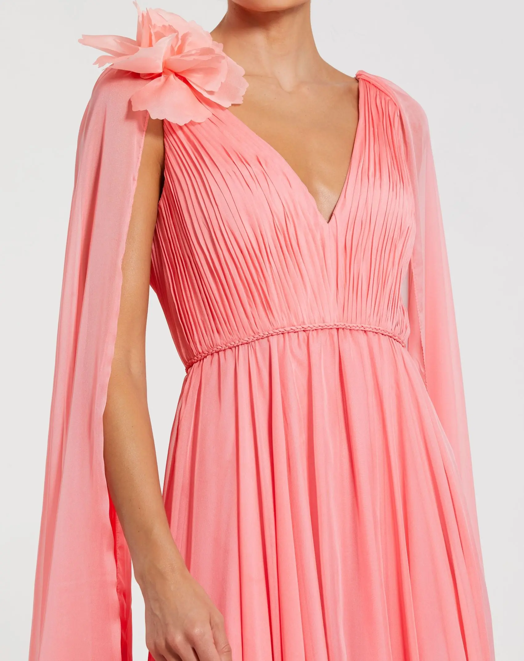 Pink Chiffon V-Neck Gown With Cape Sleeves - Image 2