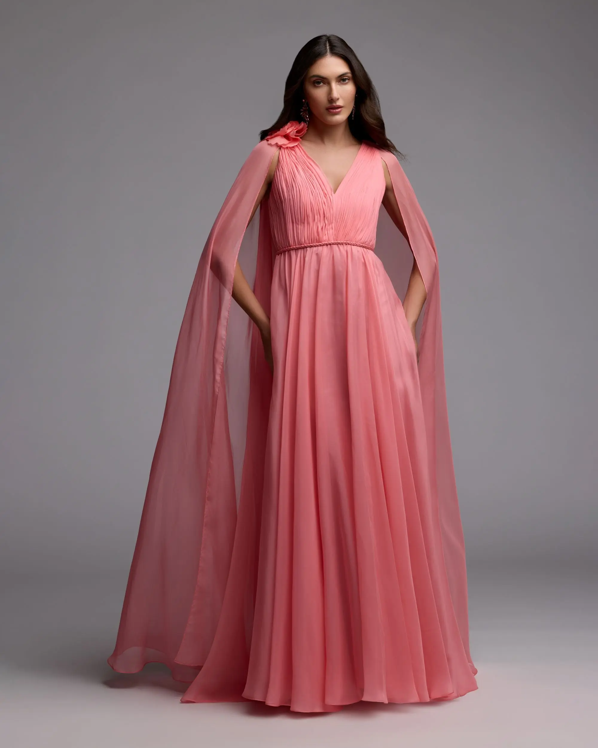 Pink Chiffon V-Neck Gown With Cape Sleeves - Image 5