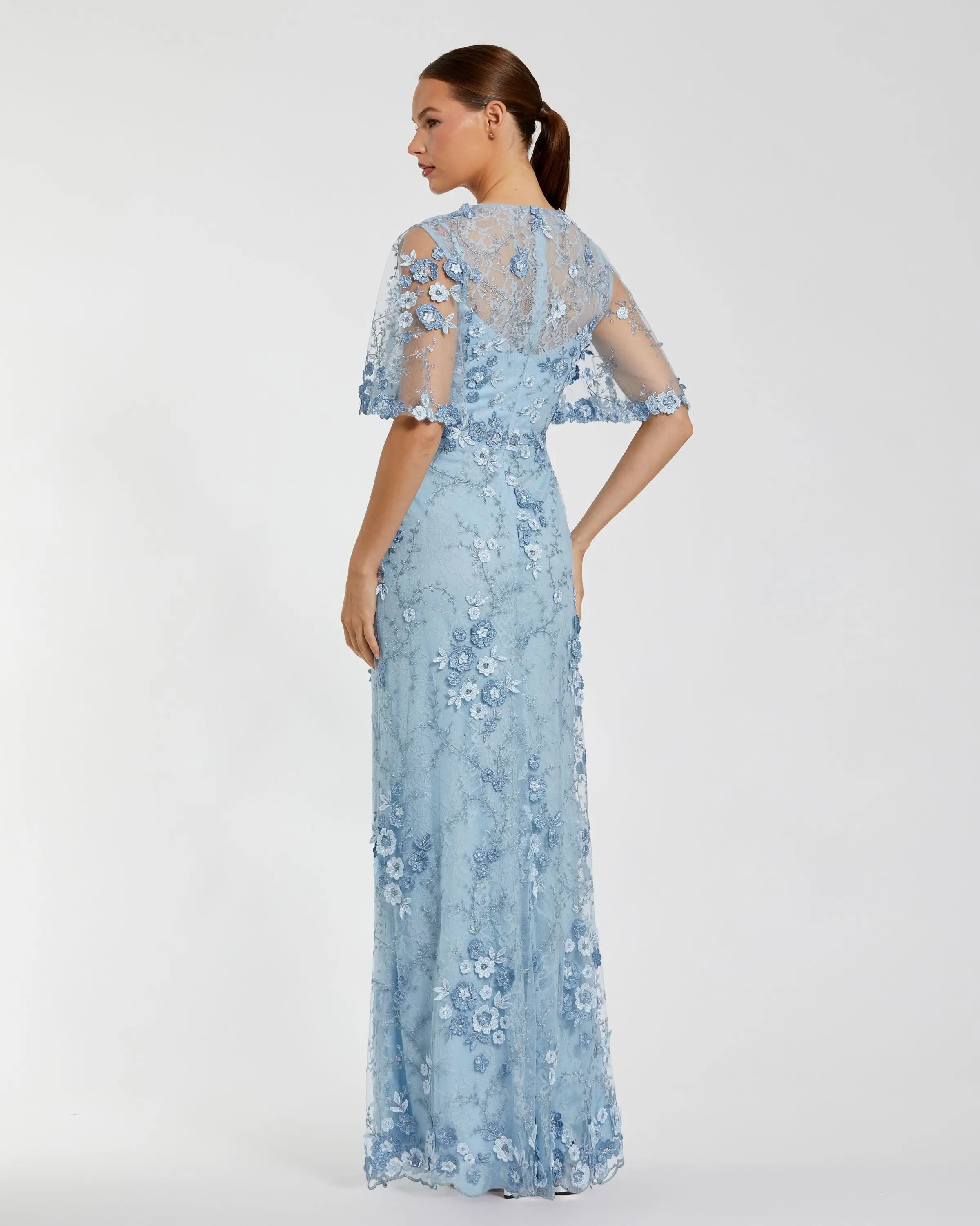 Blue Flutter Sleeve Floral Embroidered Net Gown - Image 3