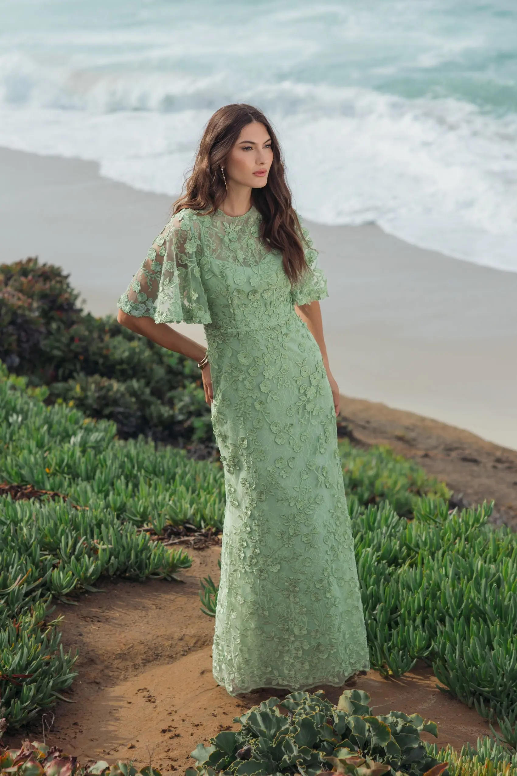Green Flutter Sleeve Floral Embroidered Net Gown - Image 6