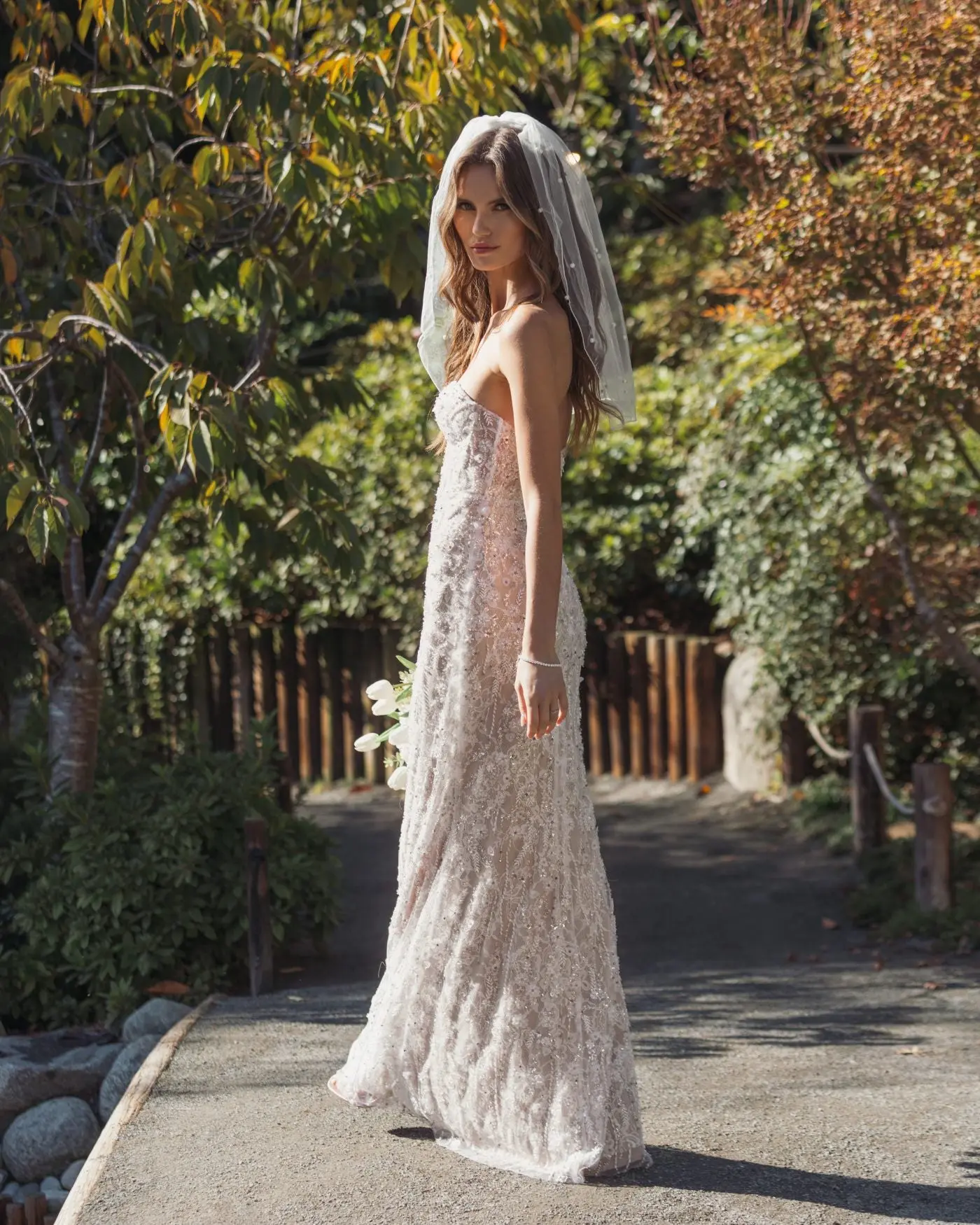 Ivory Embellished Lace Strapless Bustier Gown - Image 4
