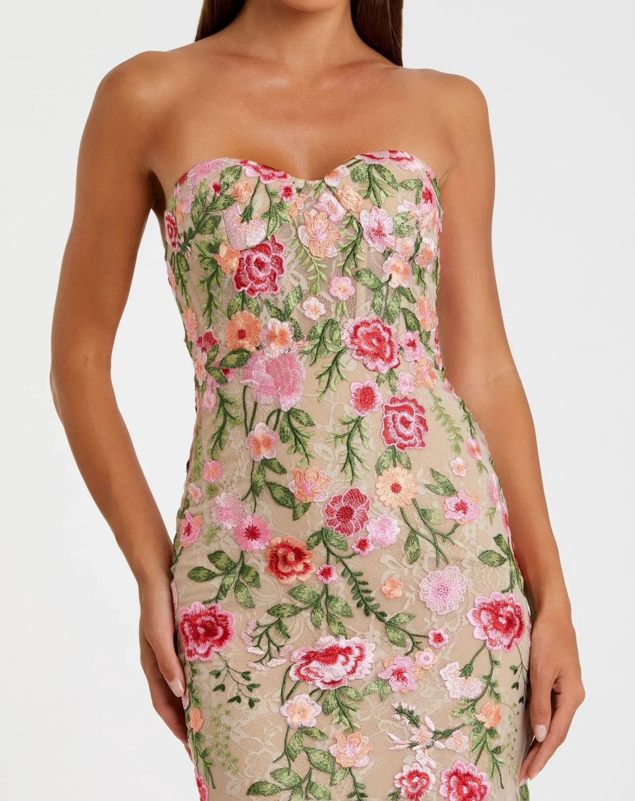 Beige Floral Embroidered Strapless Bustier Gown - Image 2