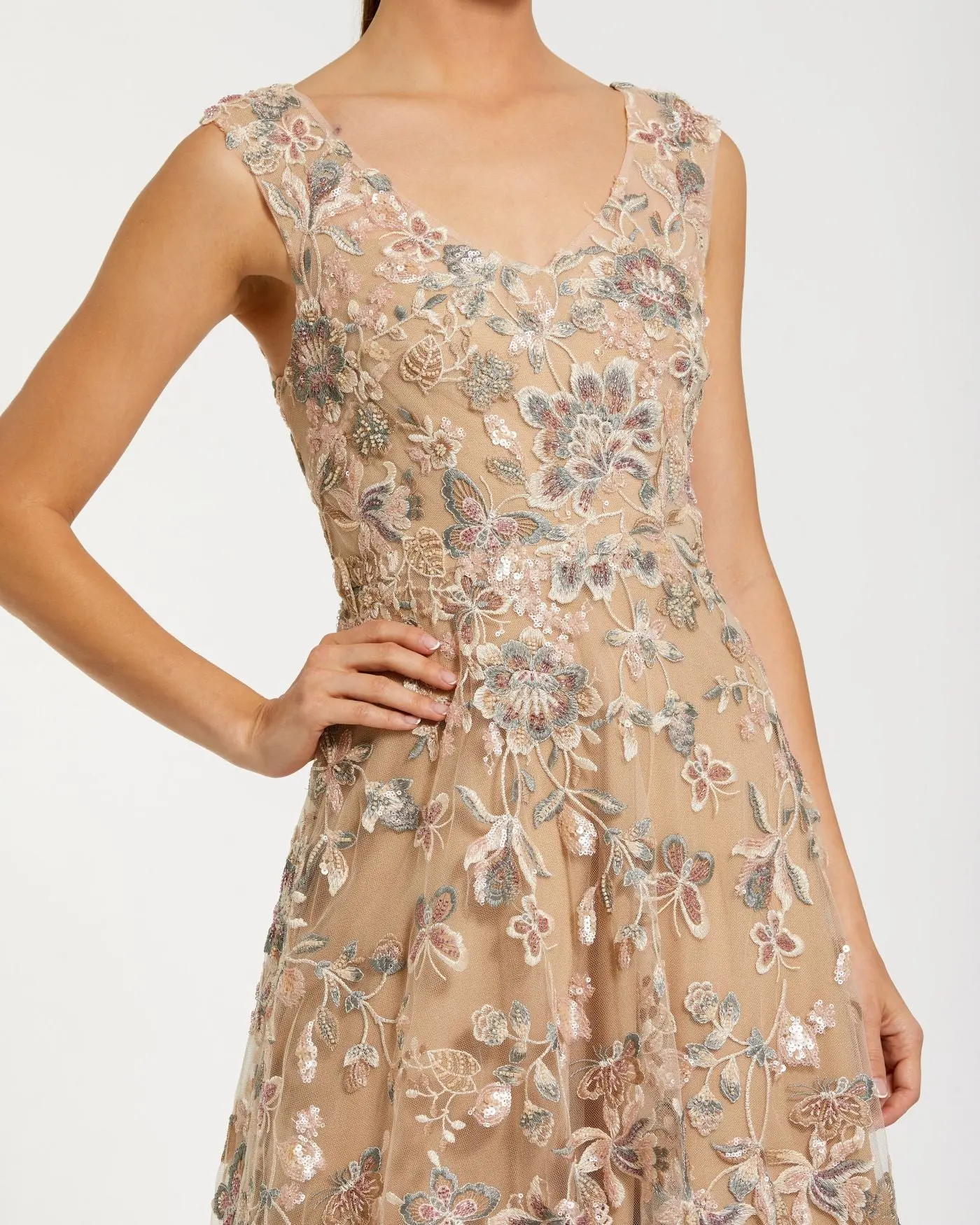 Beige Floral Embroidered Sleeveless V Neck Gown - Image 2