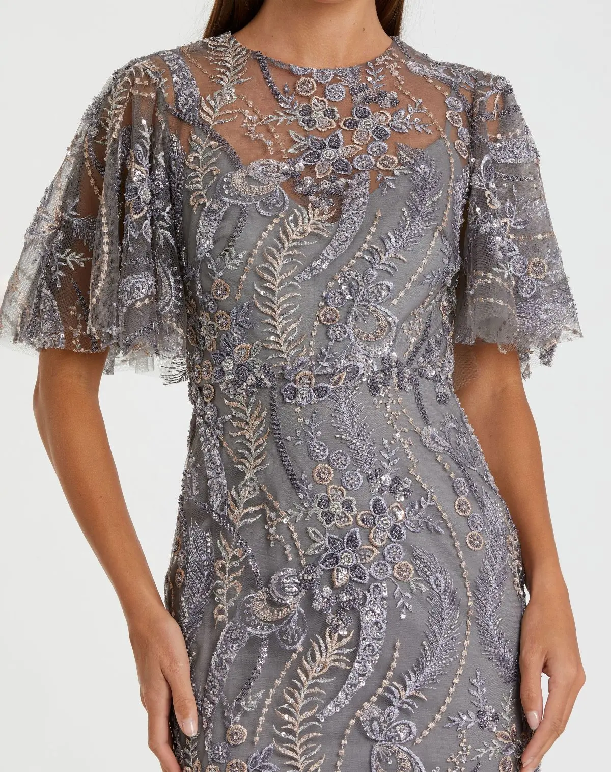 Gray High Neck Flutter Sleeve Embroidered Gown - Image 2
