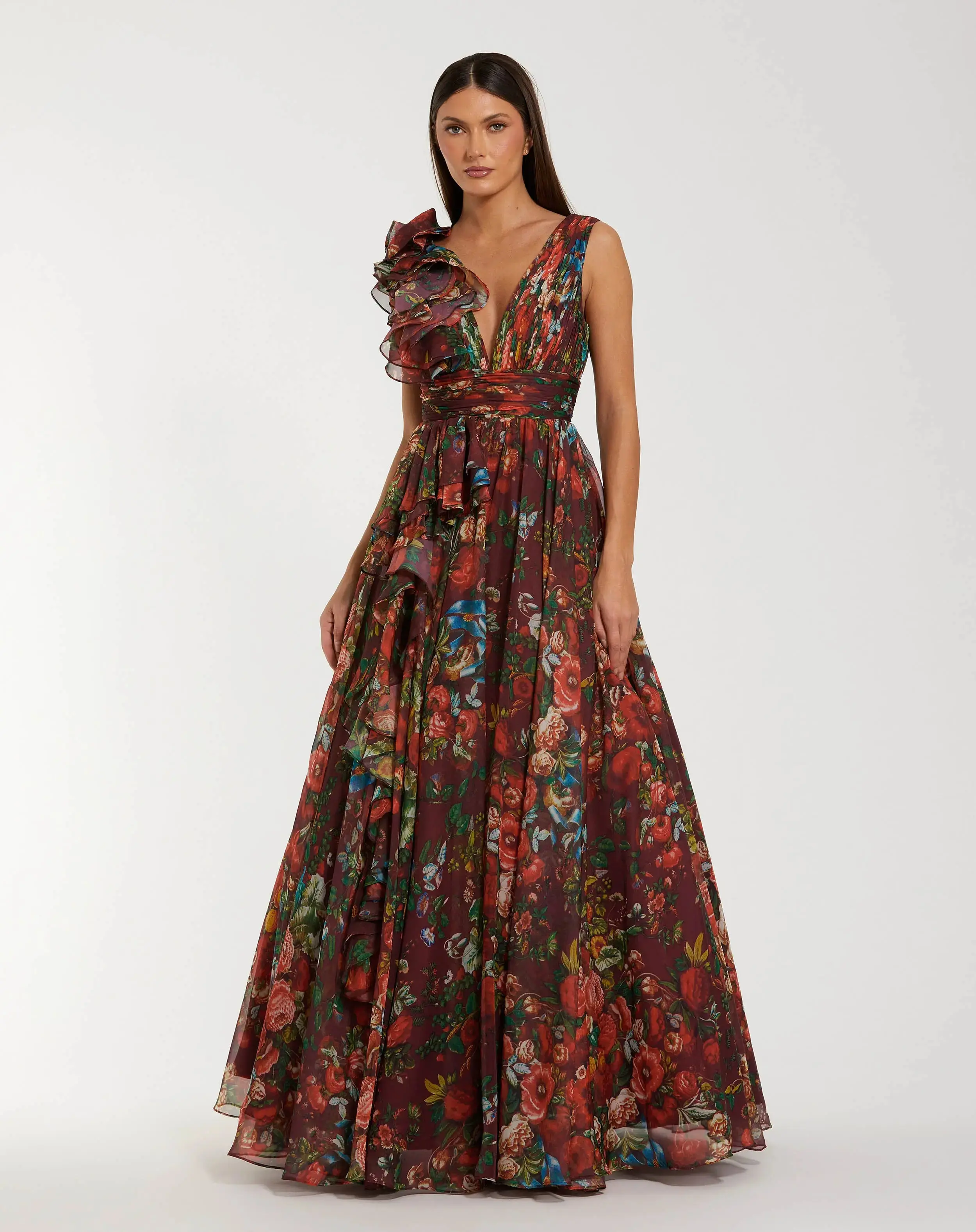 Ruffle Shoulder V-Neck Chiffon Gown - Image 3