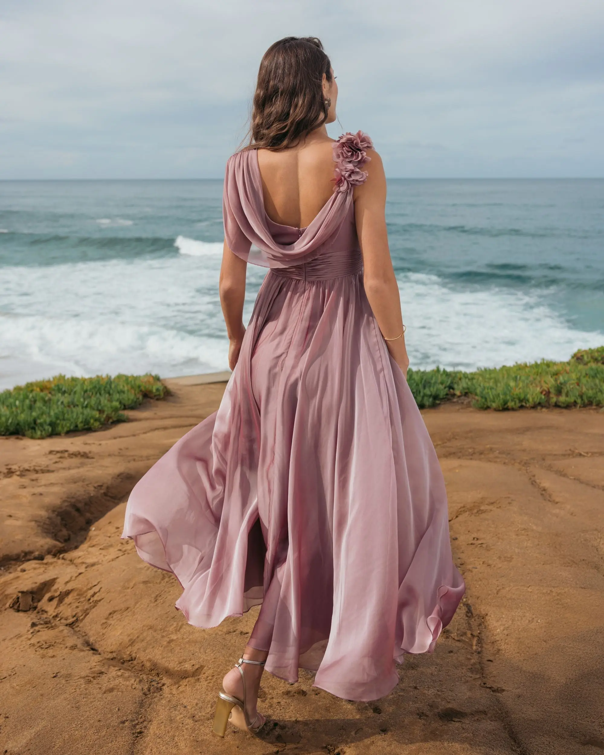 Pink Chiffon Cowl Neck Dress With 3D Flowers - Image 6