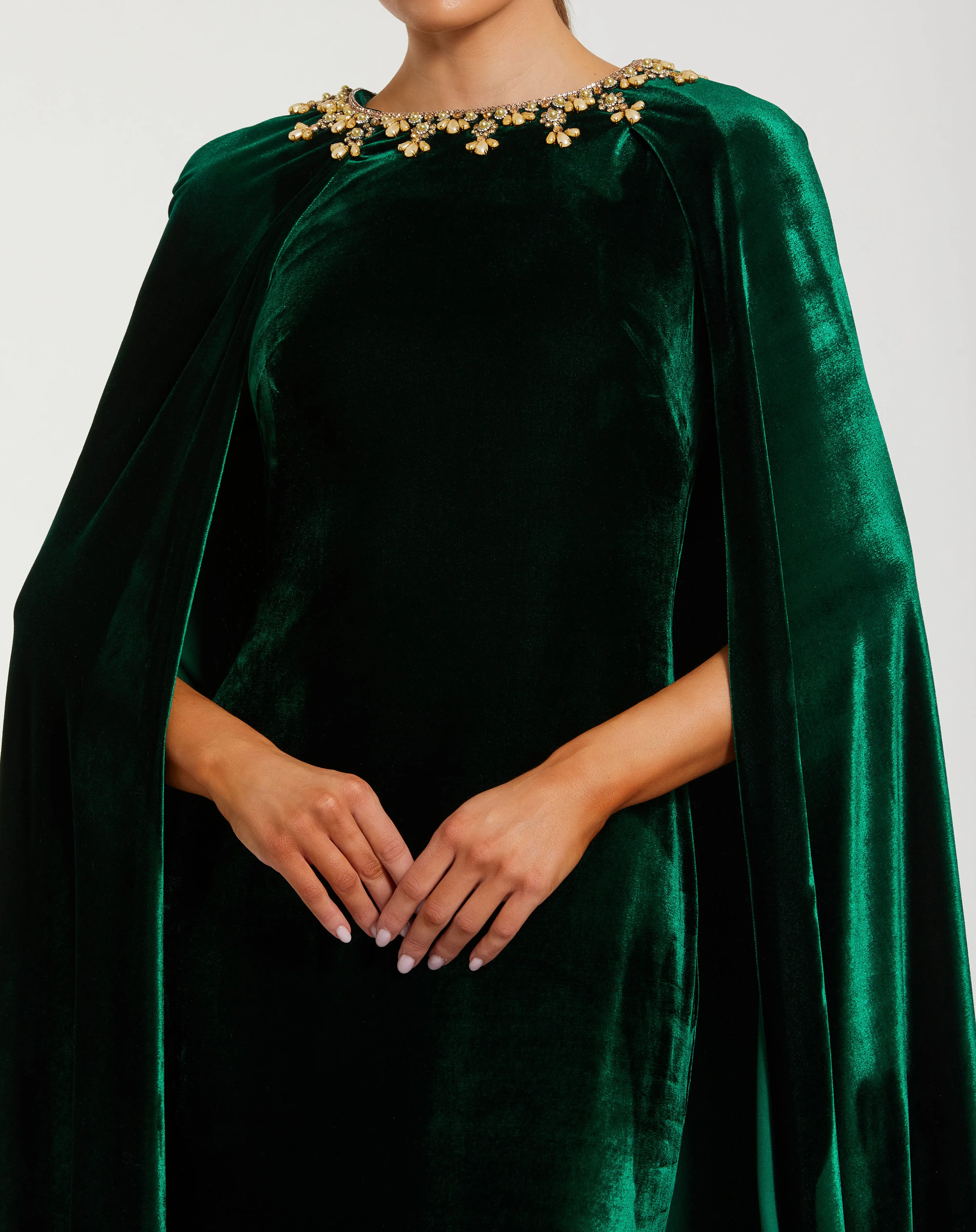 Dark Green Velvet Cape Gown With Embellished Neckline - Image 2