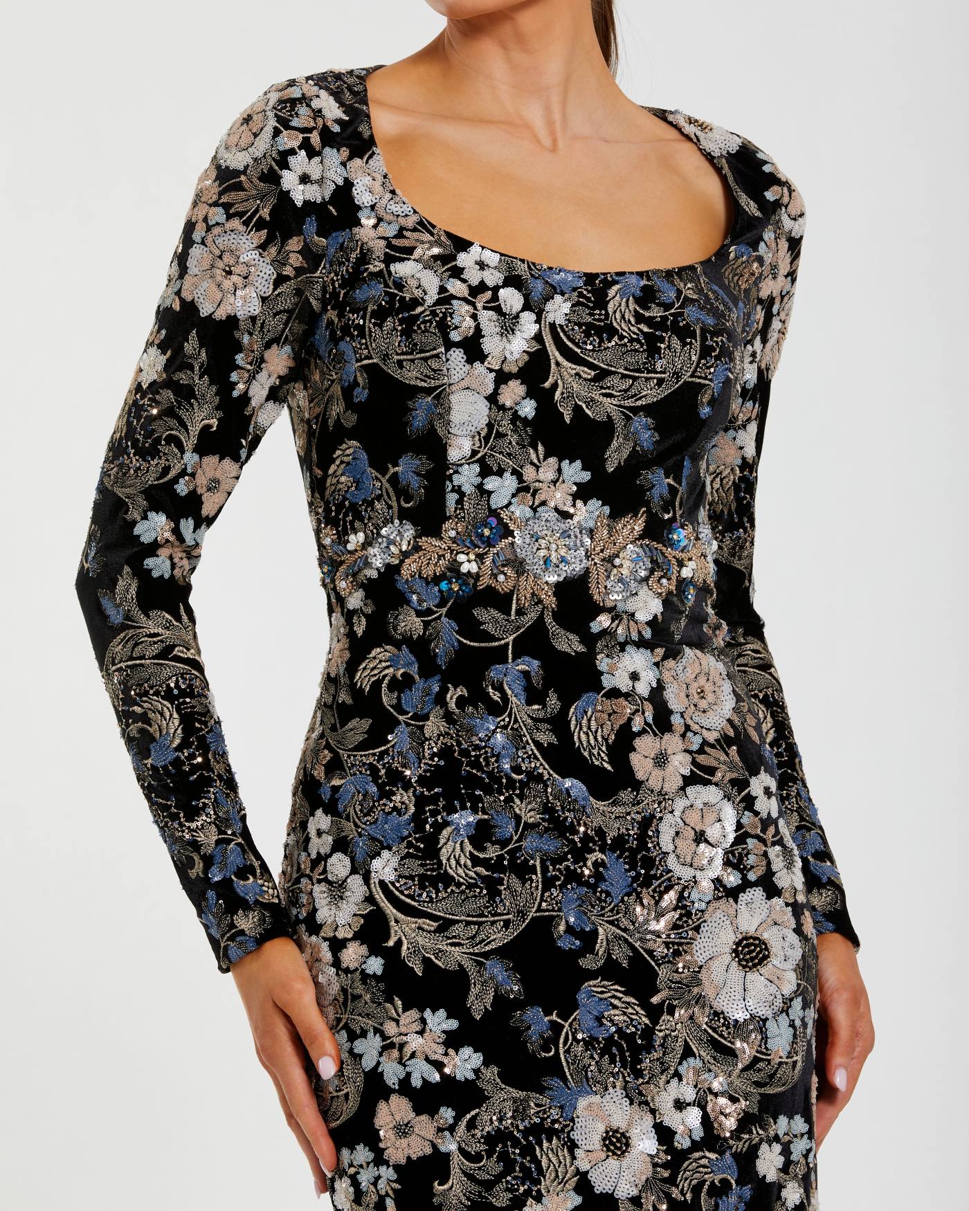 Black Floral Embroidered Velvet Evening Gown - Image 2