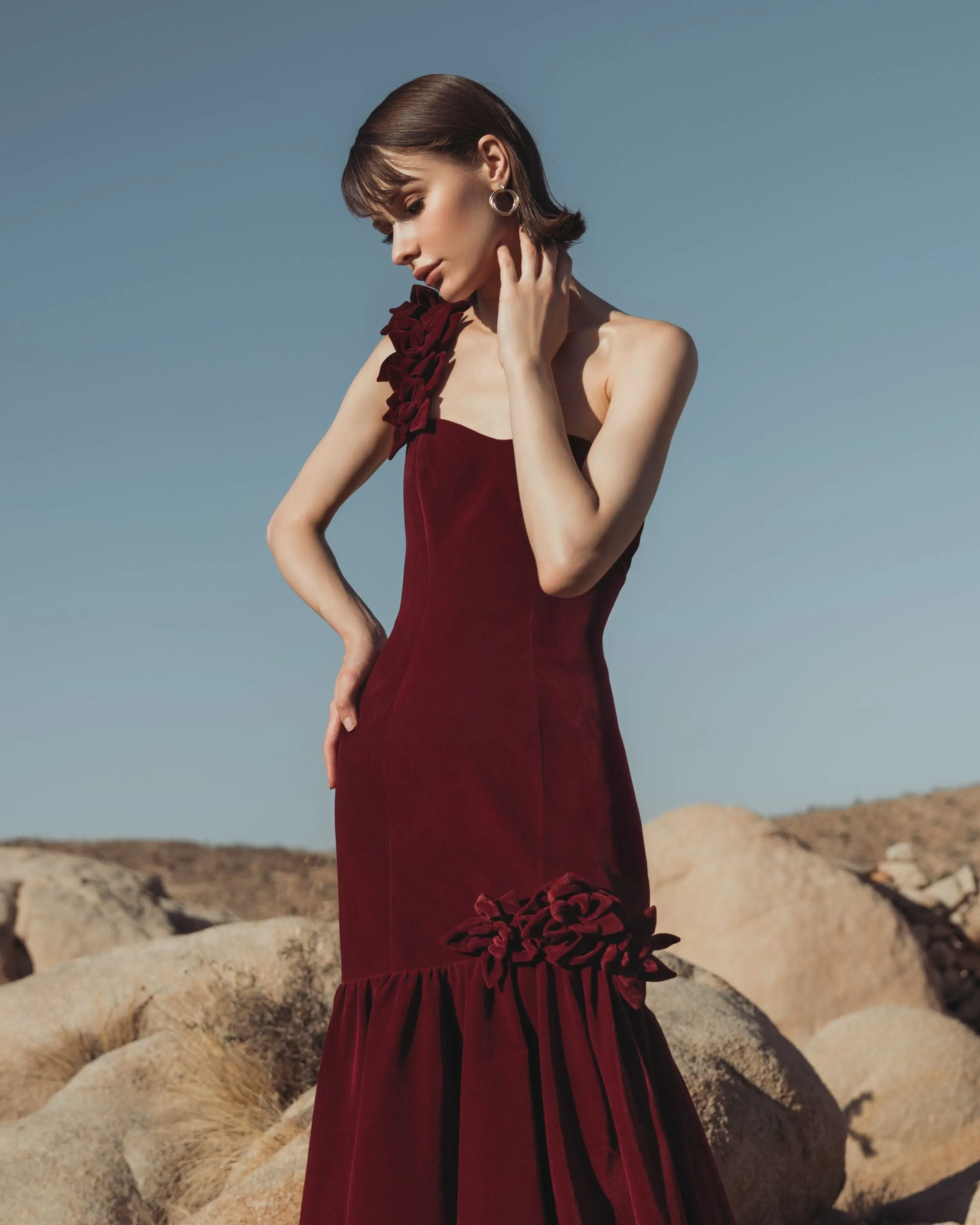 Dark Red Velvet One Shoulder Trumpet Gown With Flowers - Image 6