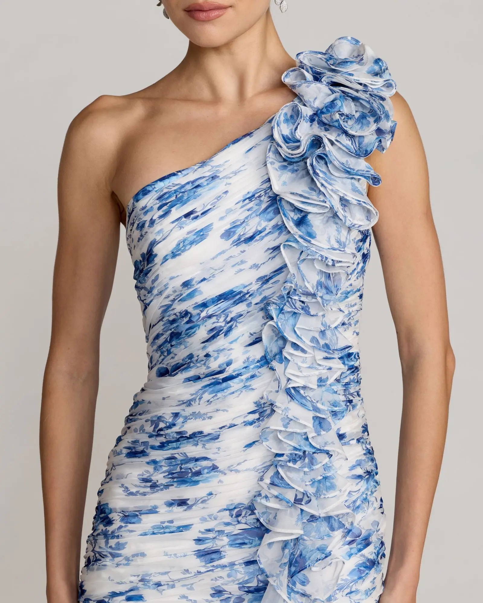 Blue Ruched Floral Chiffon Gown With 3D Ruffles - Image 2