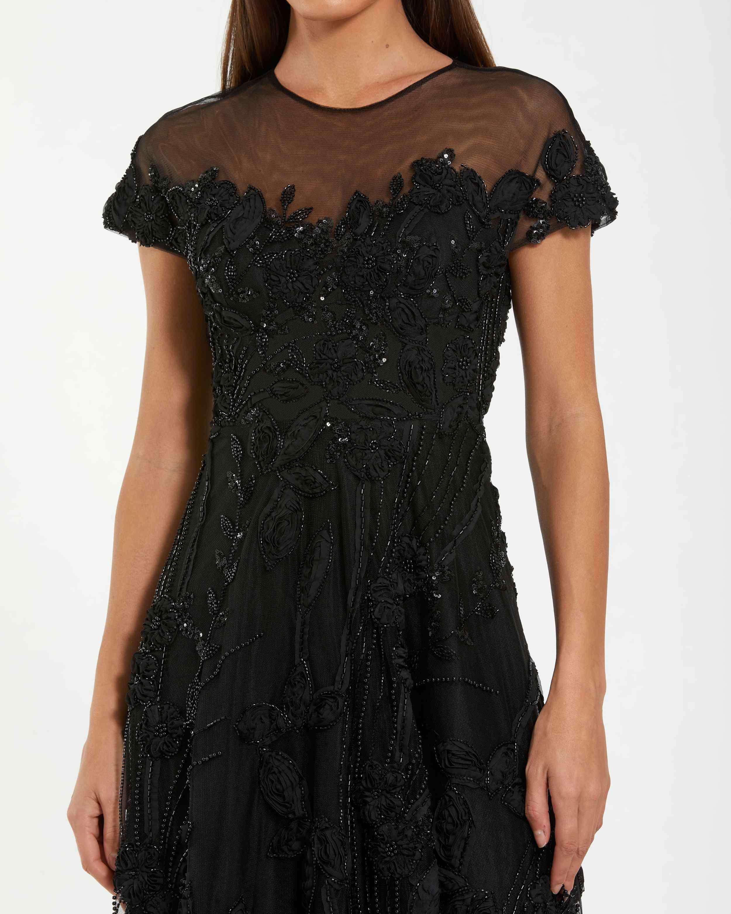Black Embellished Lace Illusion Neck A-Line Cocktail Dress - Image 2