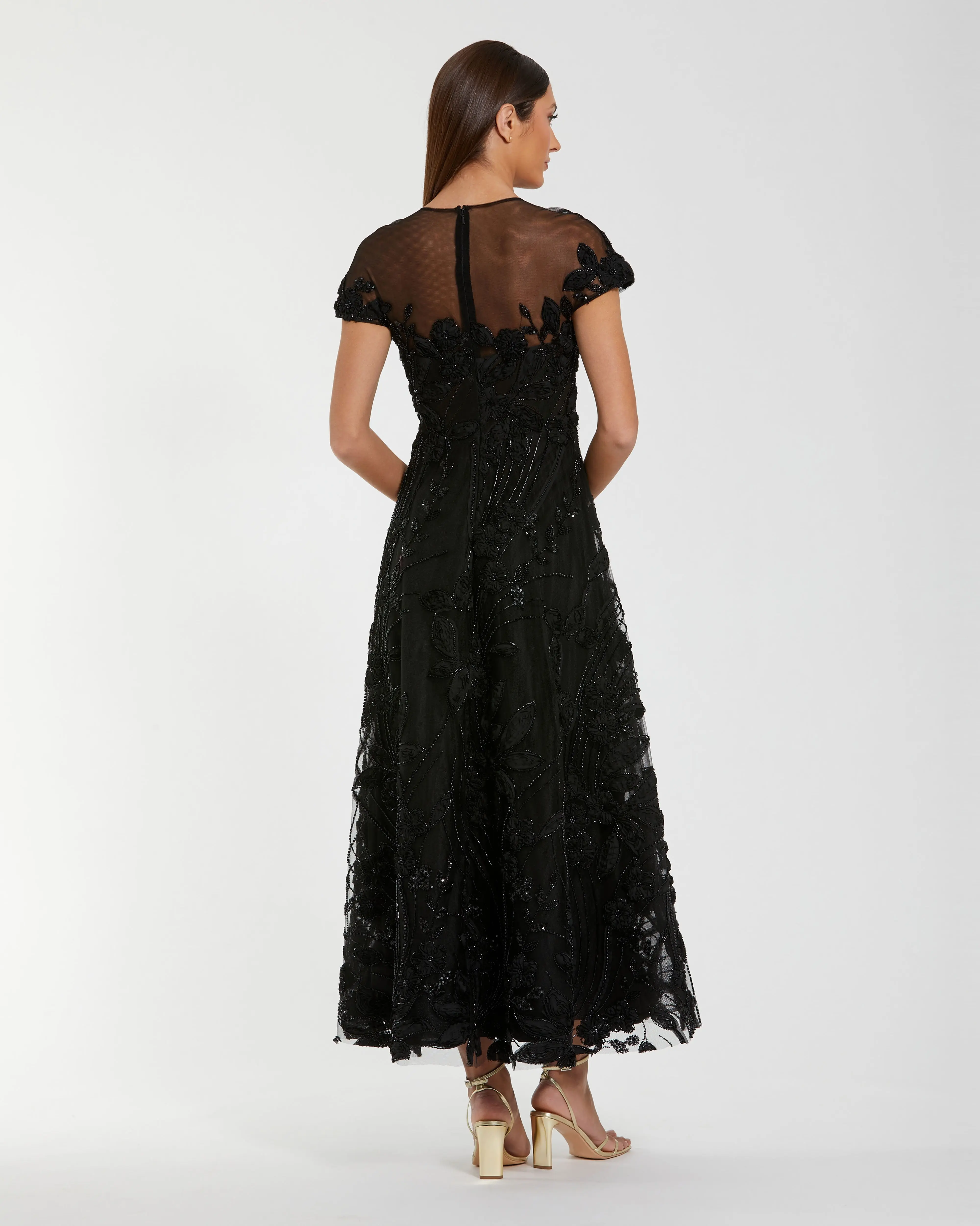 Black Embellished Lace Illusion Neck A-Line Cocktail Dress - Image 3