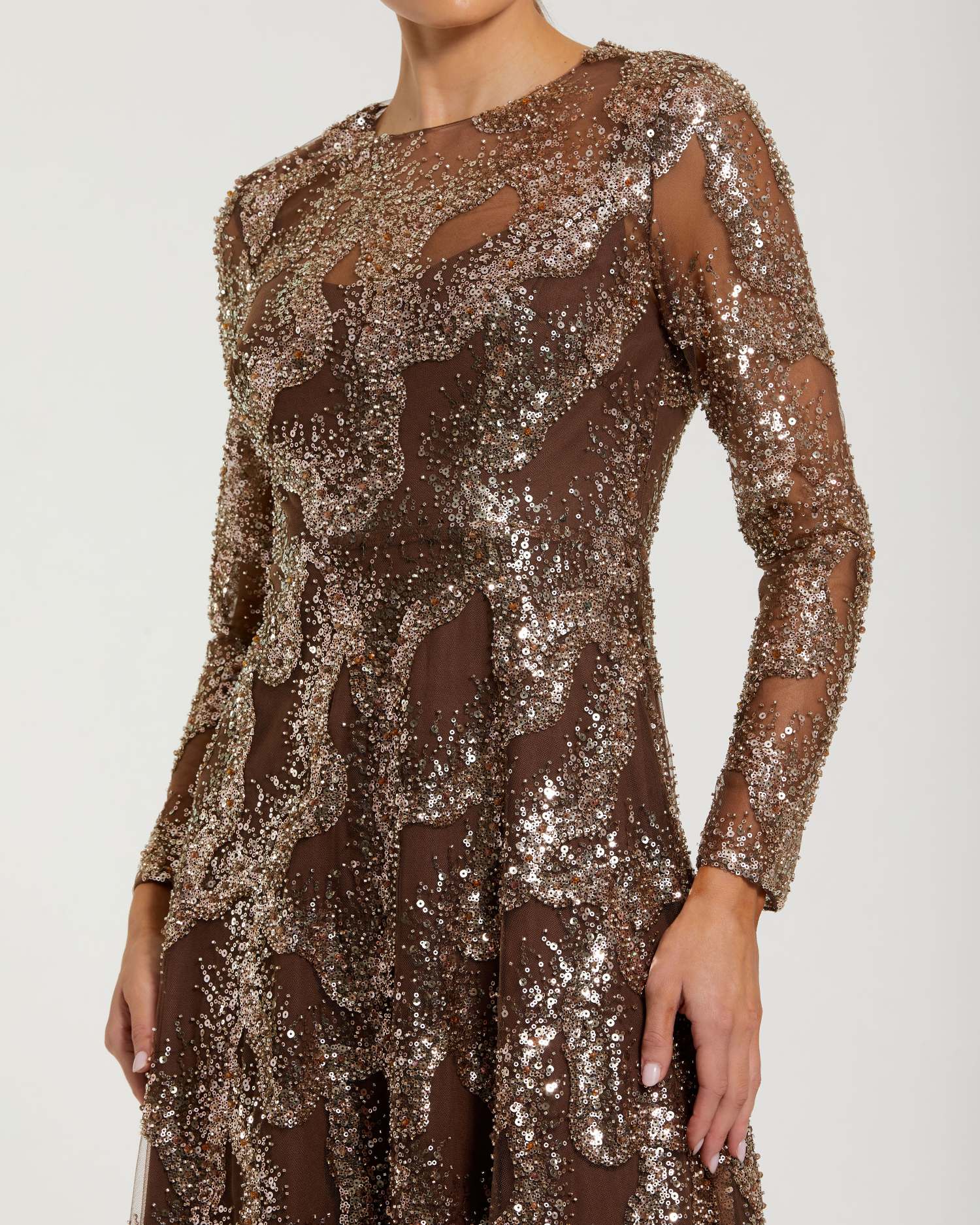 Brown Embellished Long Sleeve High Neck Evening Gown - Image 2