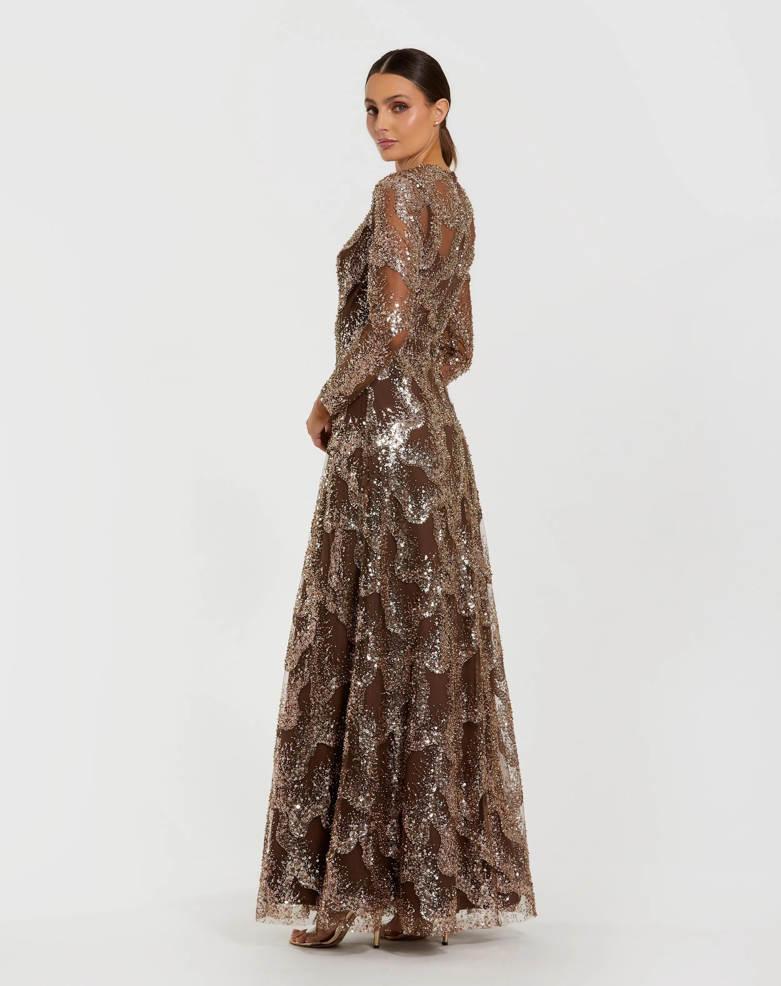Brown Embellished Long Sleeve High Neck Evening Gown - Image 3