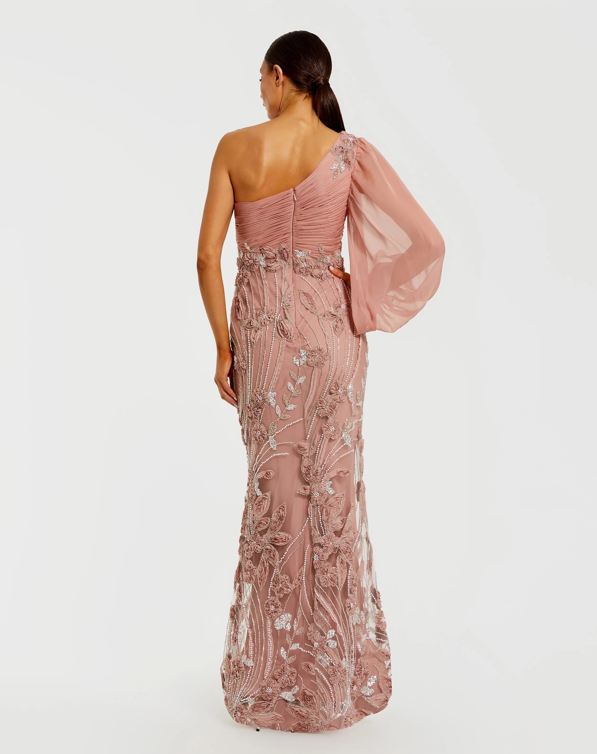Pink One Sleeve Chiffon Embellished Gown - Image 3